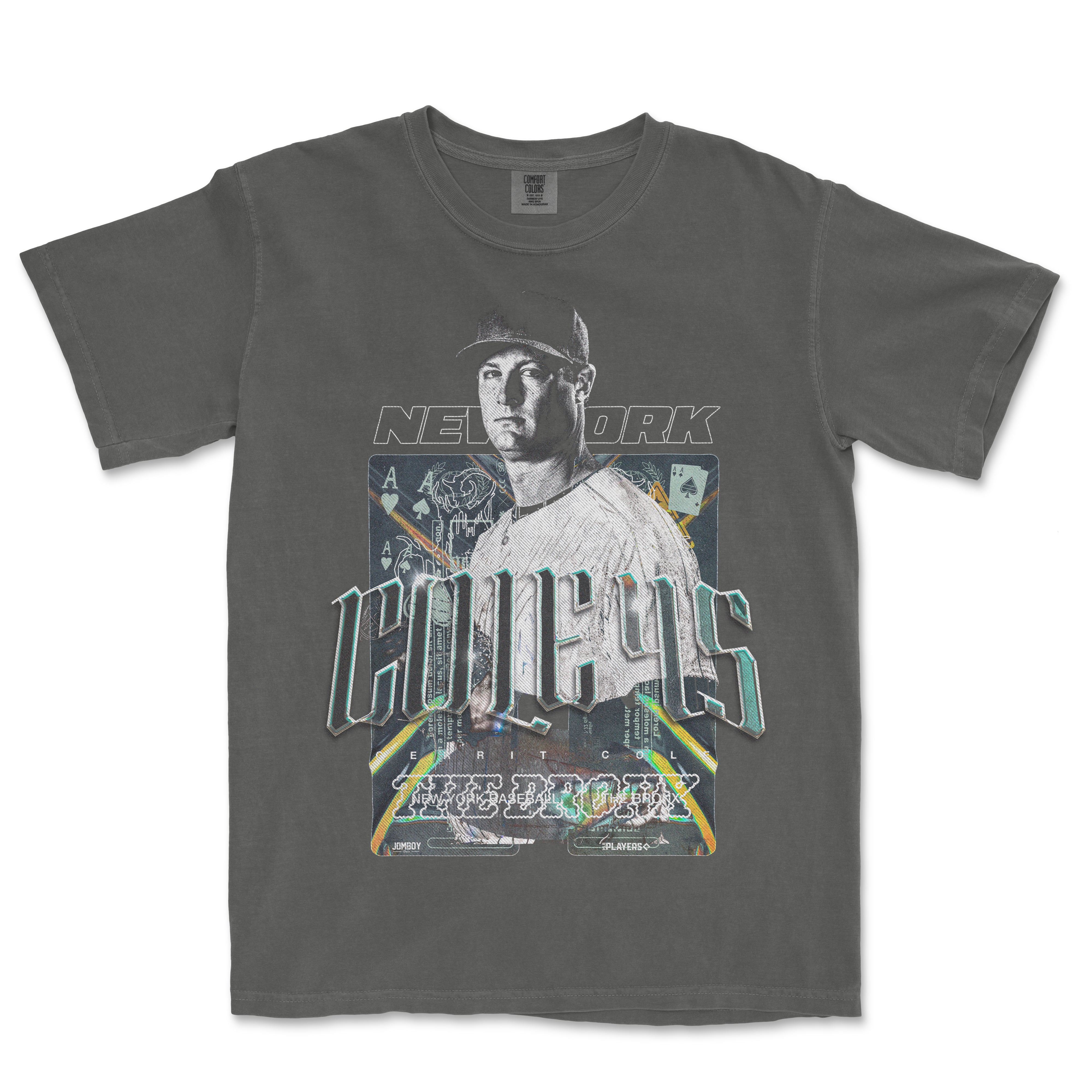 Gray Comfort Colors T-shirt featuring a vintage-style graphic of a baseball player with "CHICAGO" text and casino-inspired design elements.