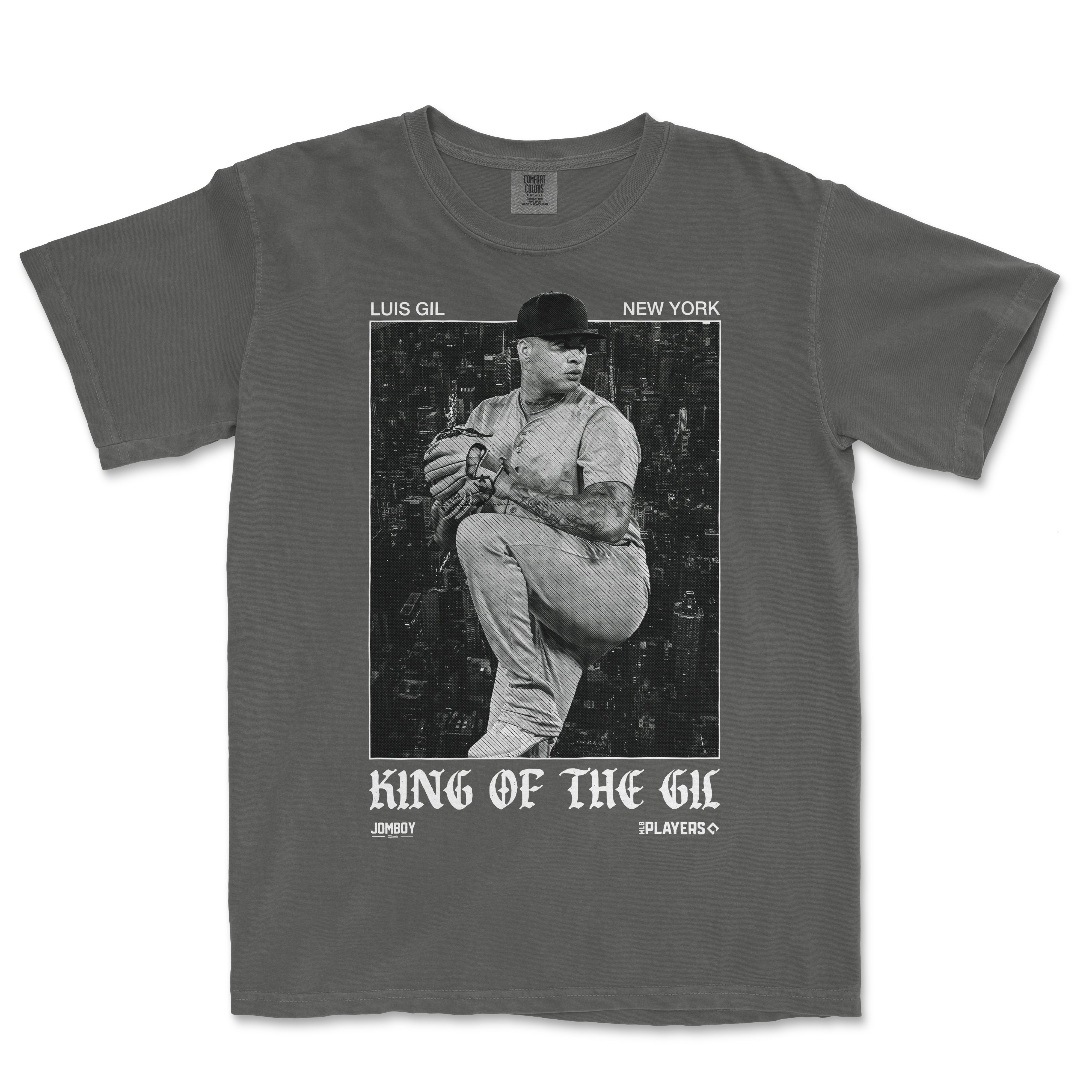 Gray Comfort Colors T-shirt featuring a black-and-white graphic of a baseball player in a pitching pose, with text "King of the Gil" and "It's Up to Gil.