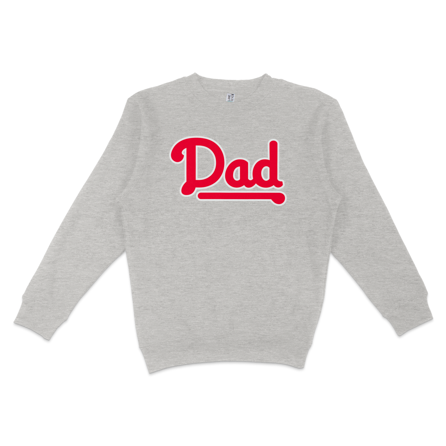 Gray crewneck sweatshirt with bold red "Dad" text and underline, designed for Philly baseball dads.