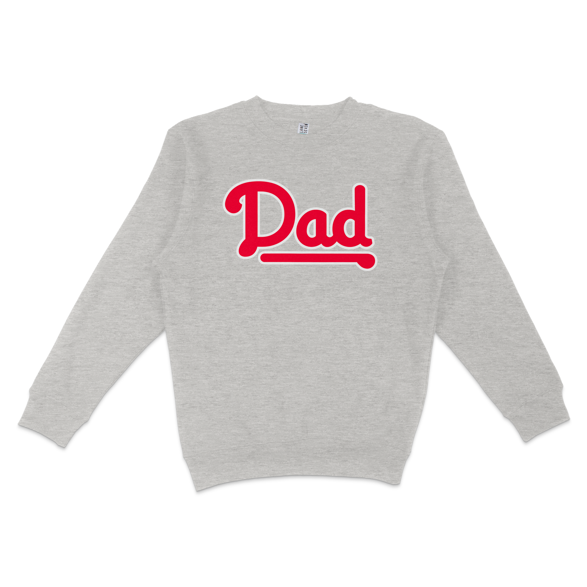 Gray crewneck sweatshirt with bold red "Dad" text and underline, designed for Philly baseball dads.