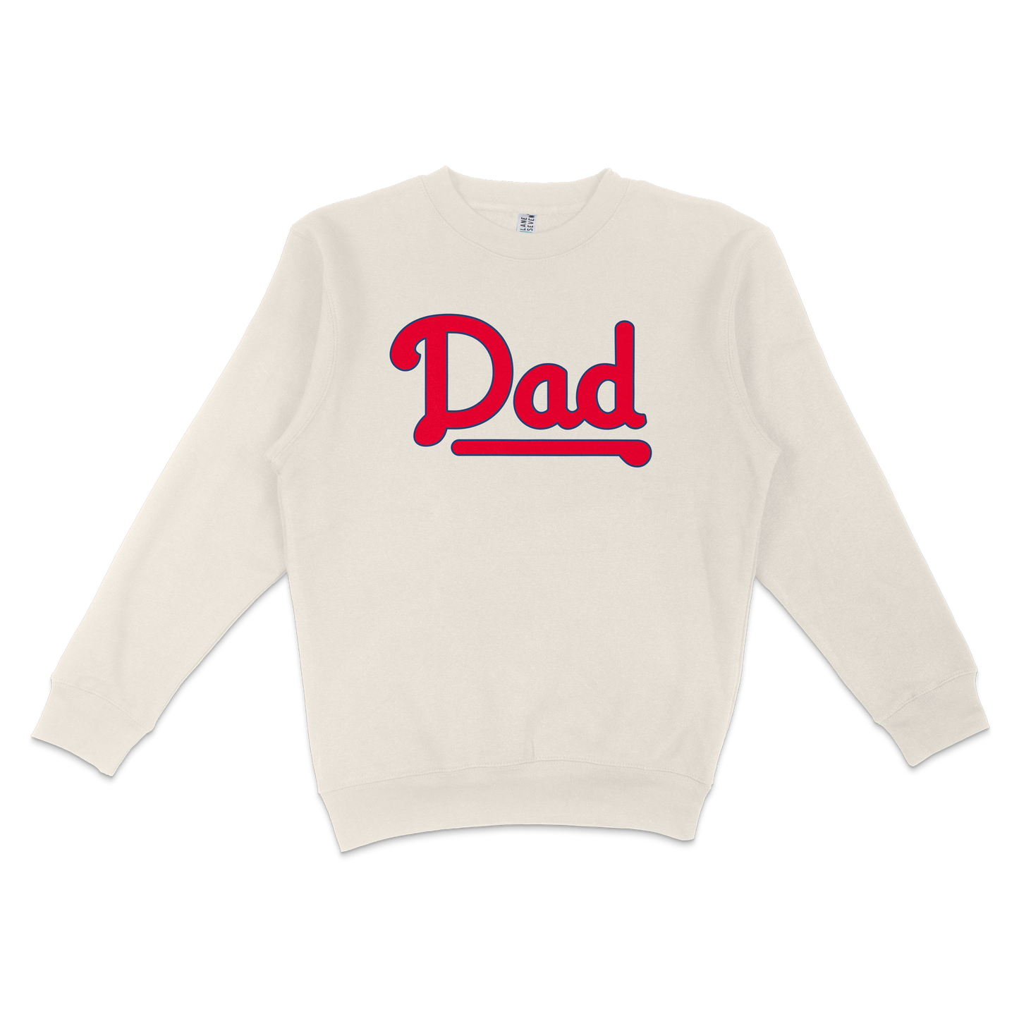 White crewneck sweatshirt with "Dad" in bold red and blue lettering, perfect for Philly baseball dads.