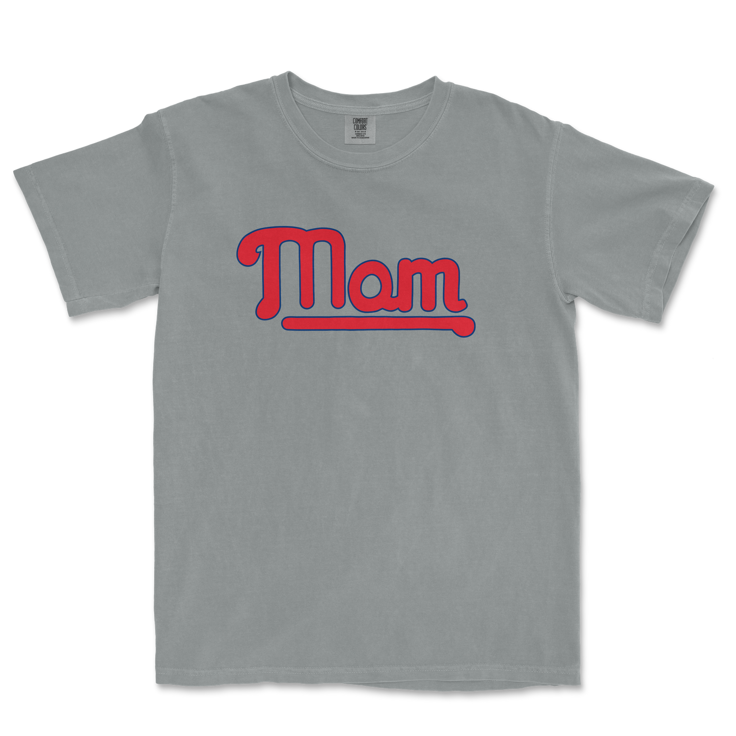 Gray T-shirt with "Mom" written in bold red and blue lettering, celebrating a Philadelphia baseball mom.