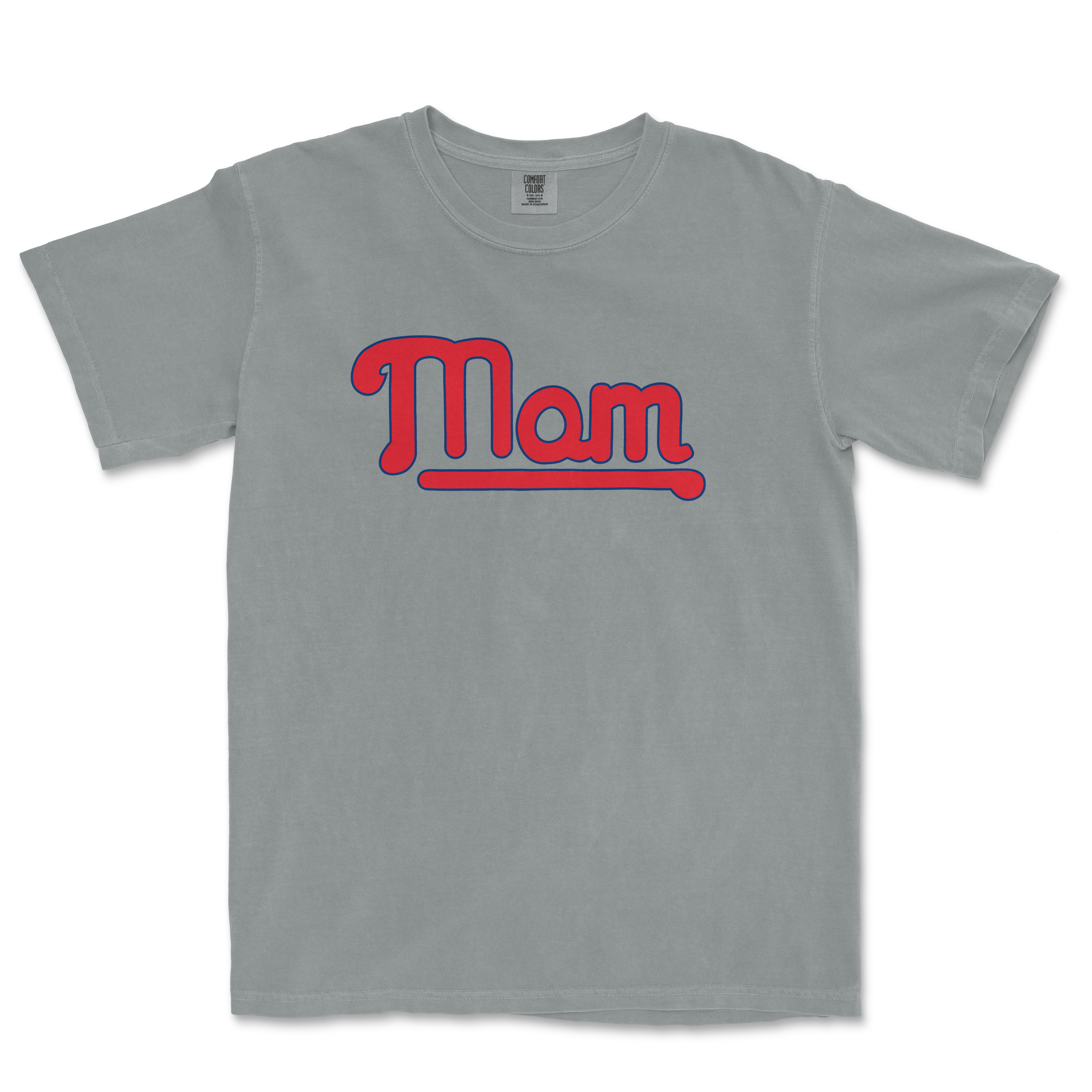 Gray T-shirt with "Mom" written in bold red and blue lettering, celebrating a Philadelphia baseball mom.