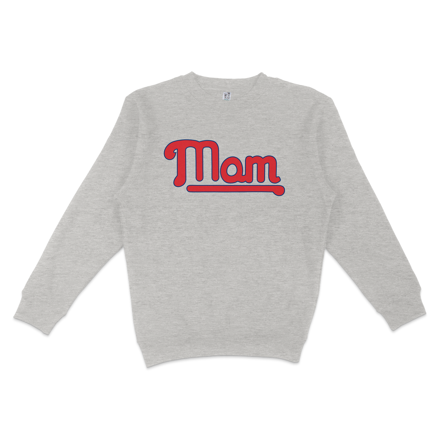 Gray crewneck sweatshirt with "Mom" in bold red and blue lettering, celebrating Philadelphia baseball moms.