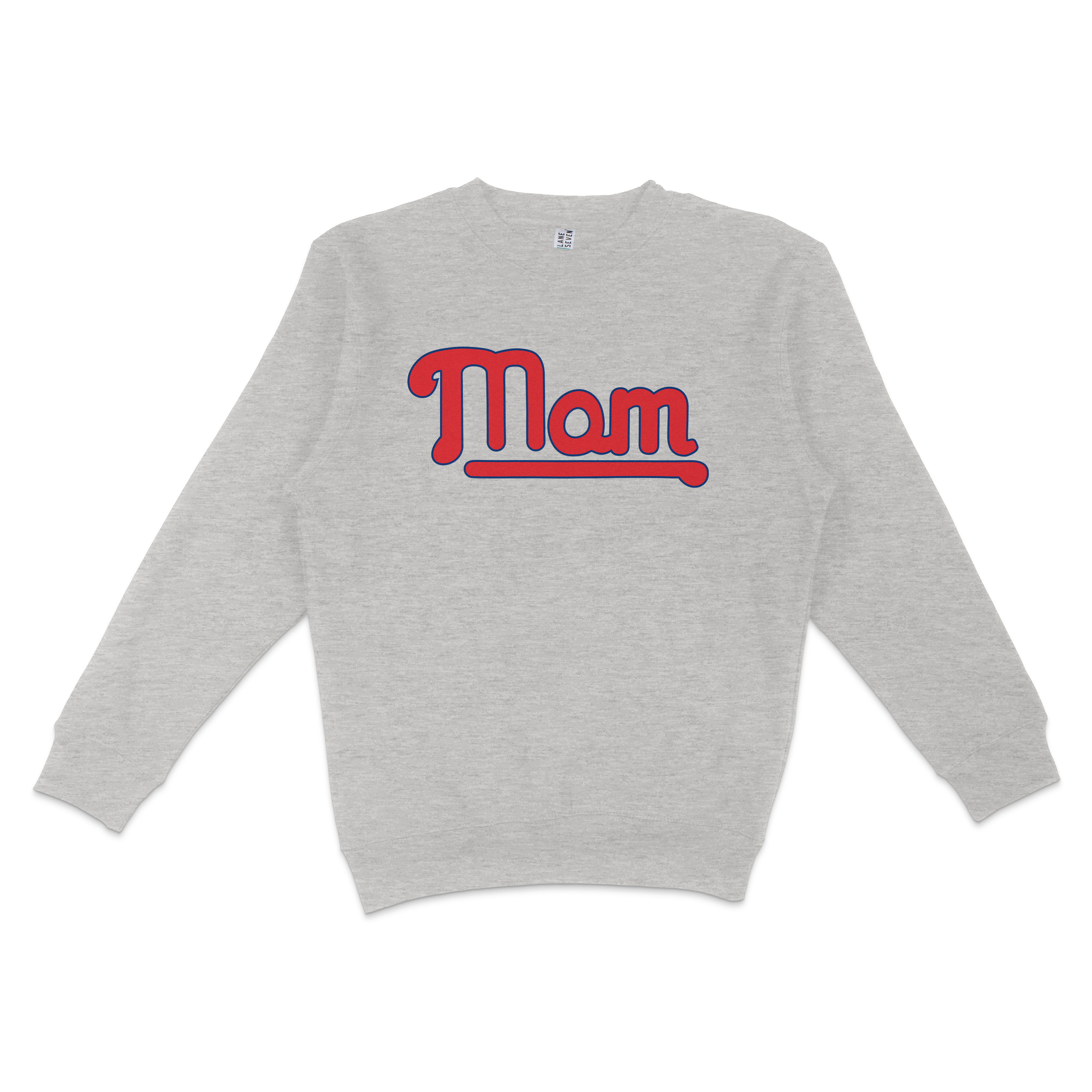 Gray crewneck sweatshirt with "Mom" in bold red and blue lettering, celebrating Philadelphia baseball moms.