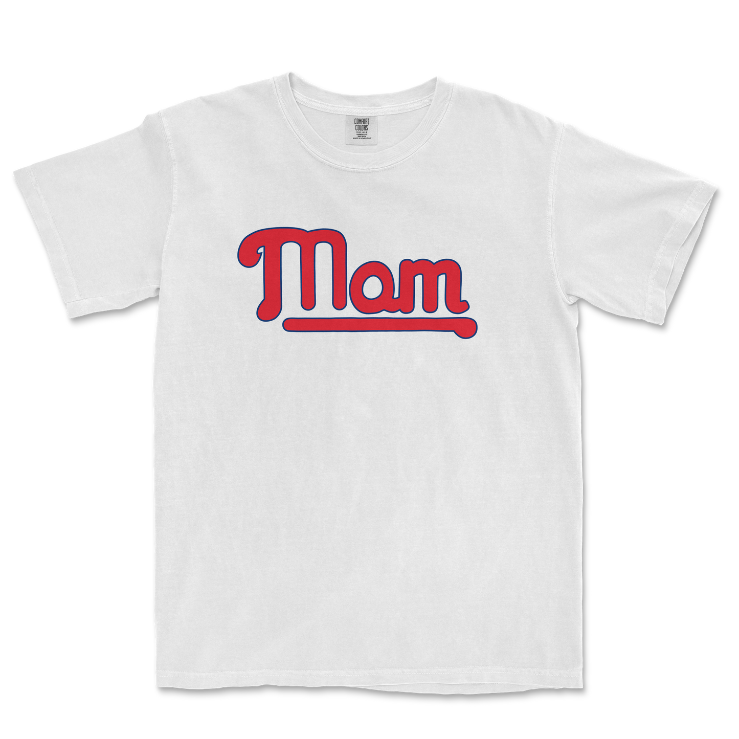 White T-shirt with "Mom" written in red and blue, designed for Philadelphia baseball moms.