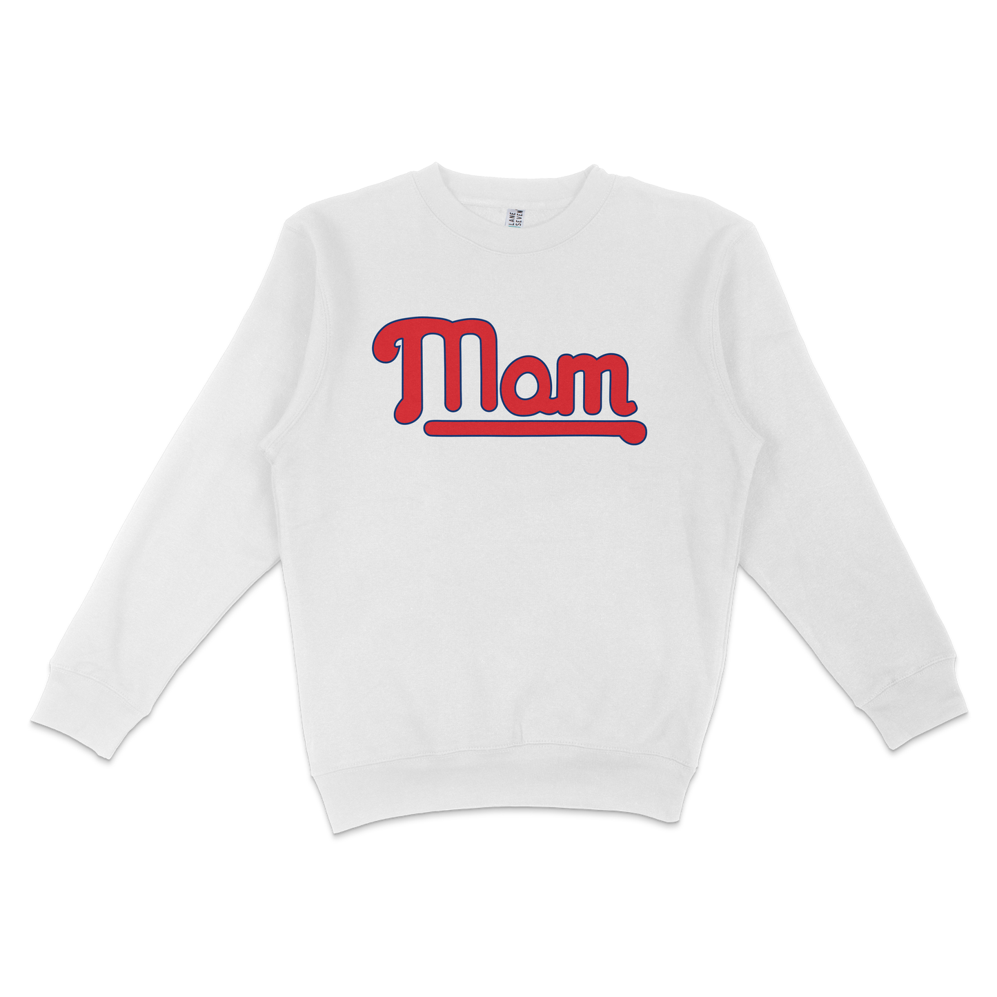 White crewneck sweatshirt with "Mom" in red and blue lettering, celebrating Philadelphia baseball moms.
