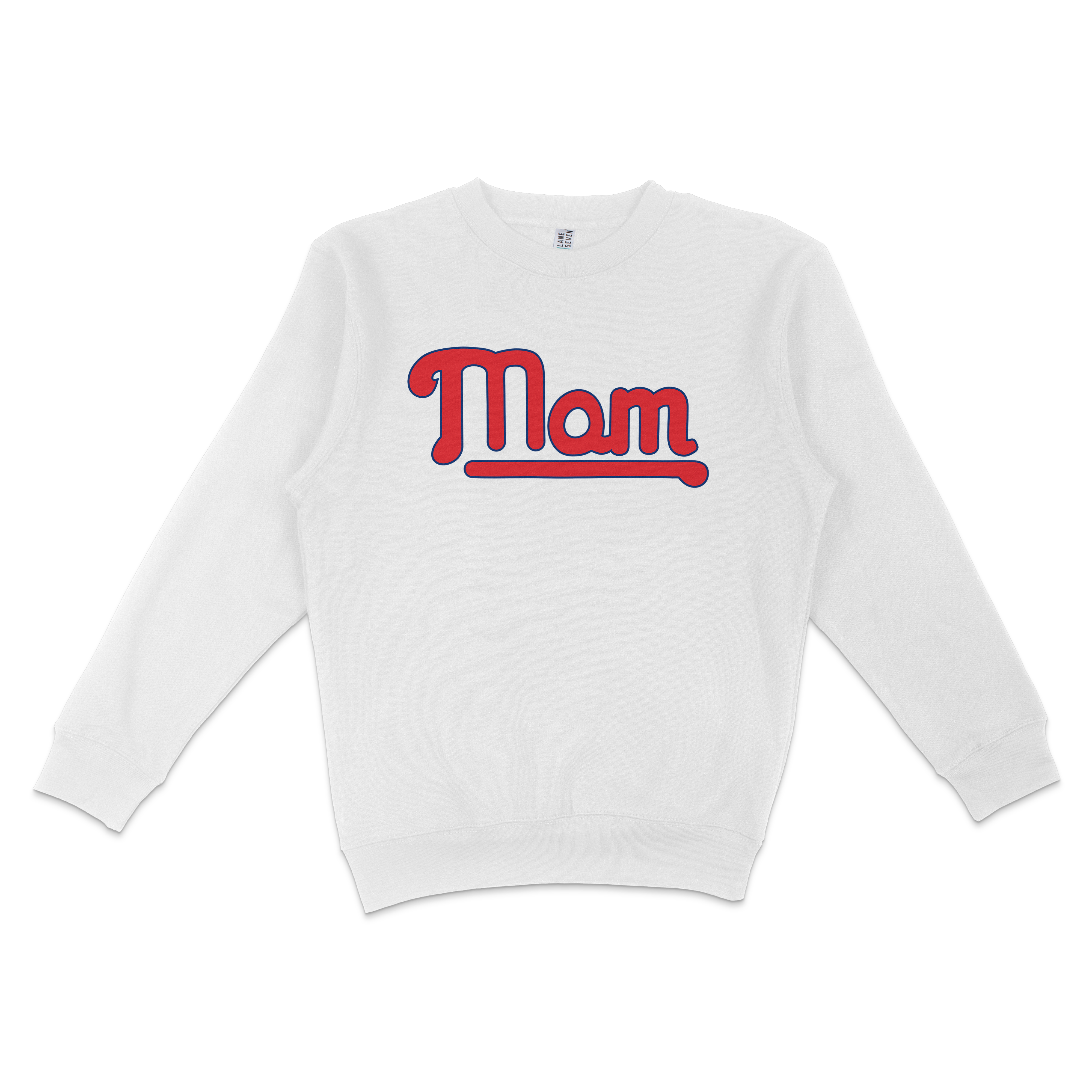 White crewneck sweatshirt with "Mom" in red and blue lettering, celebrating Philadelphia baseball moms.