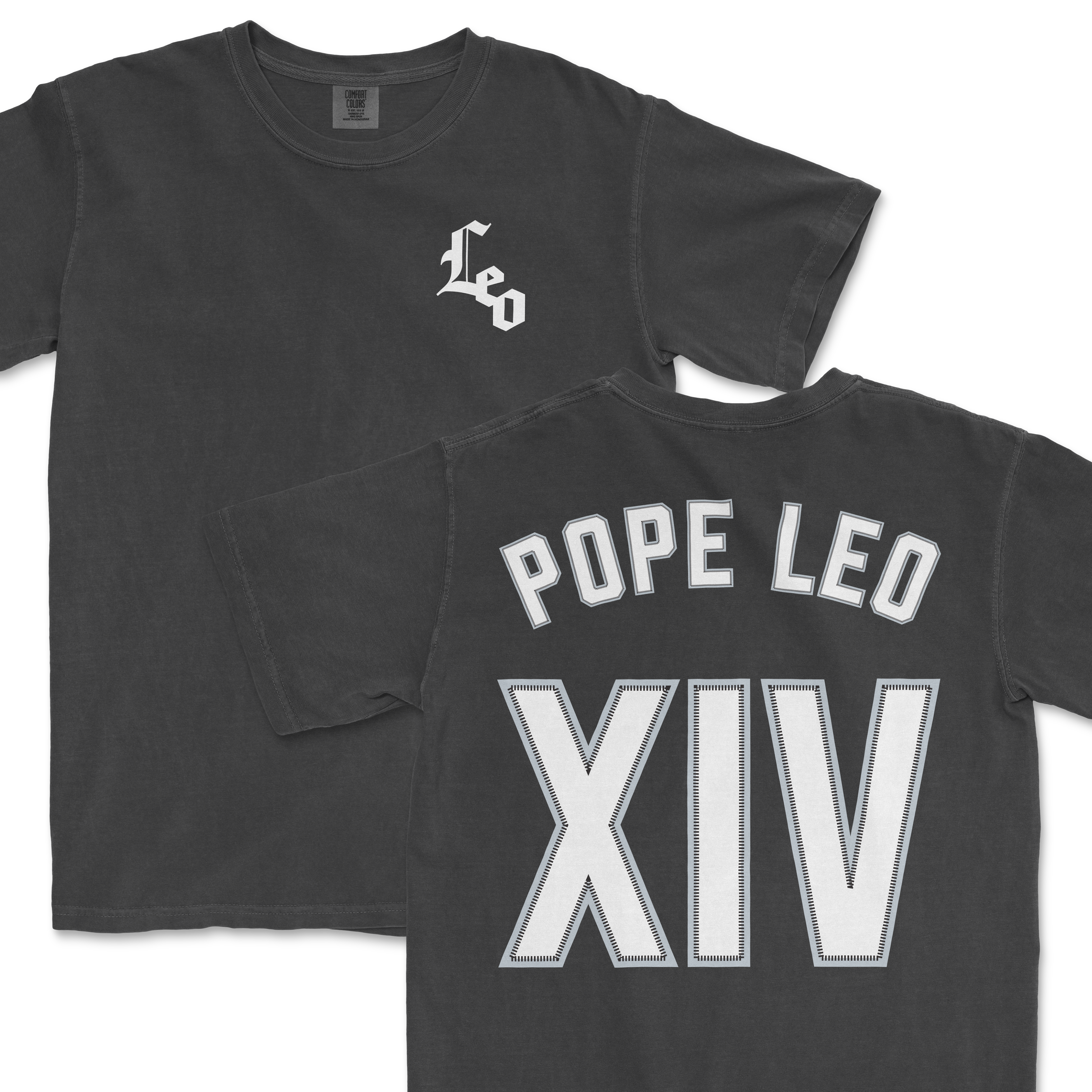 Pope Leo XIV shirsey in black featuring "Pope Leo" and "XIV" printed on the back in bold lettering.