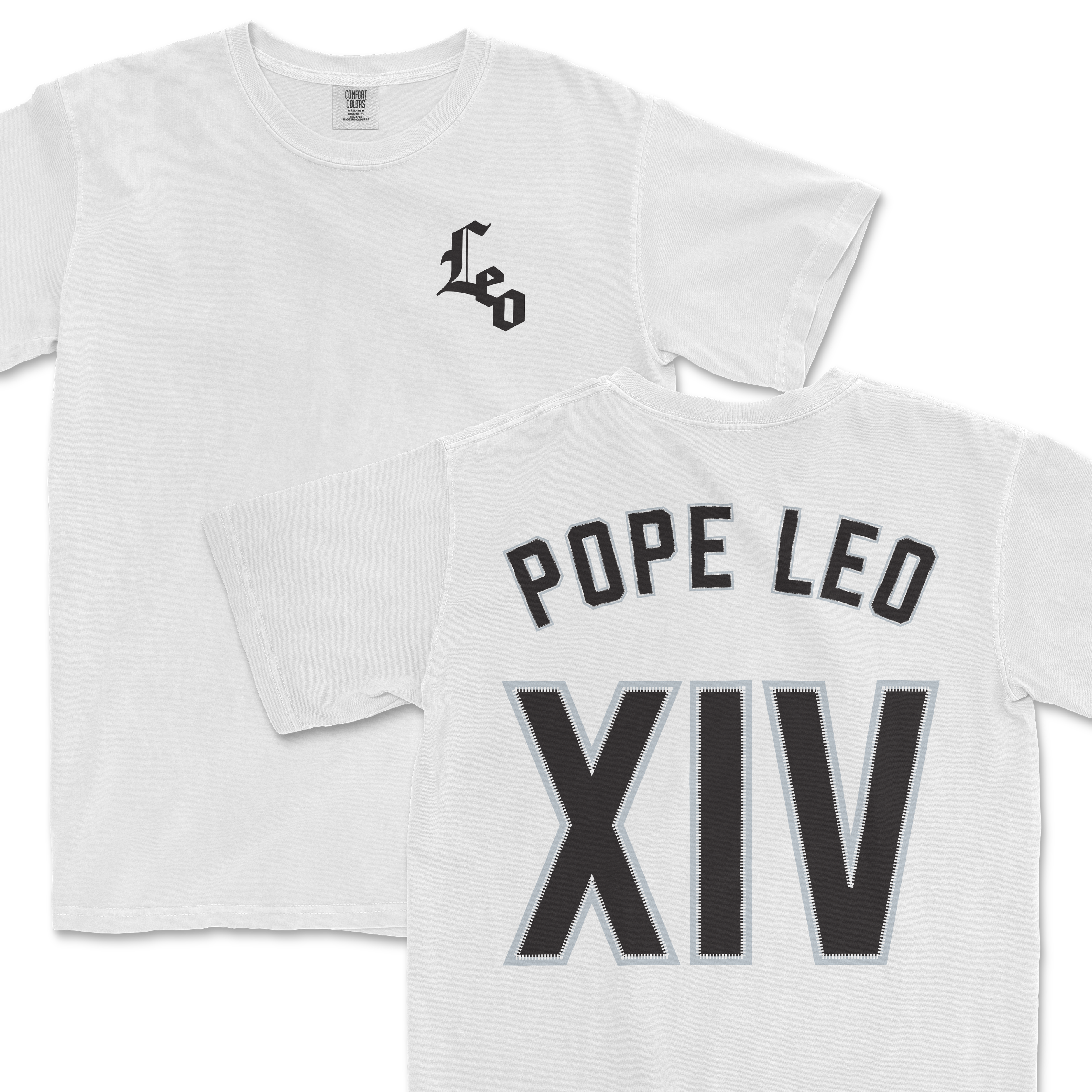 White shirsey featuring "Pope Leo" on the back and "Leo" logo on the front, perfect for sports fans.