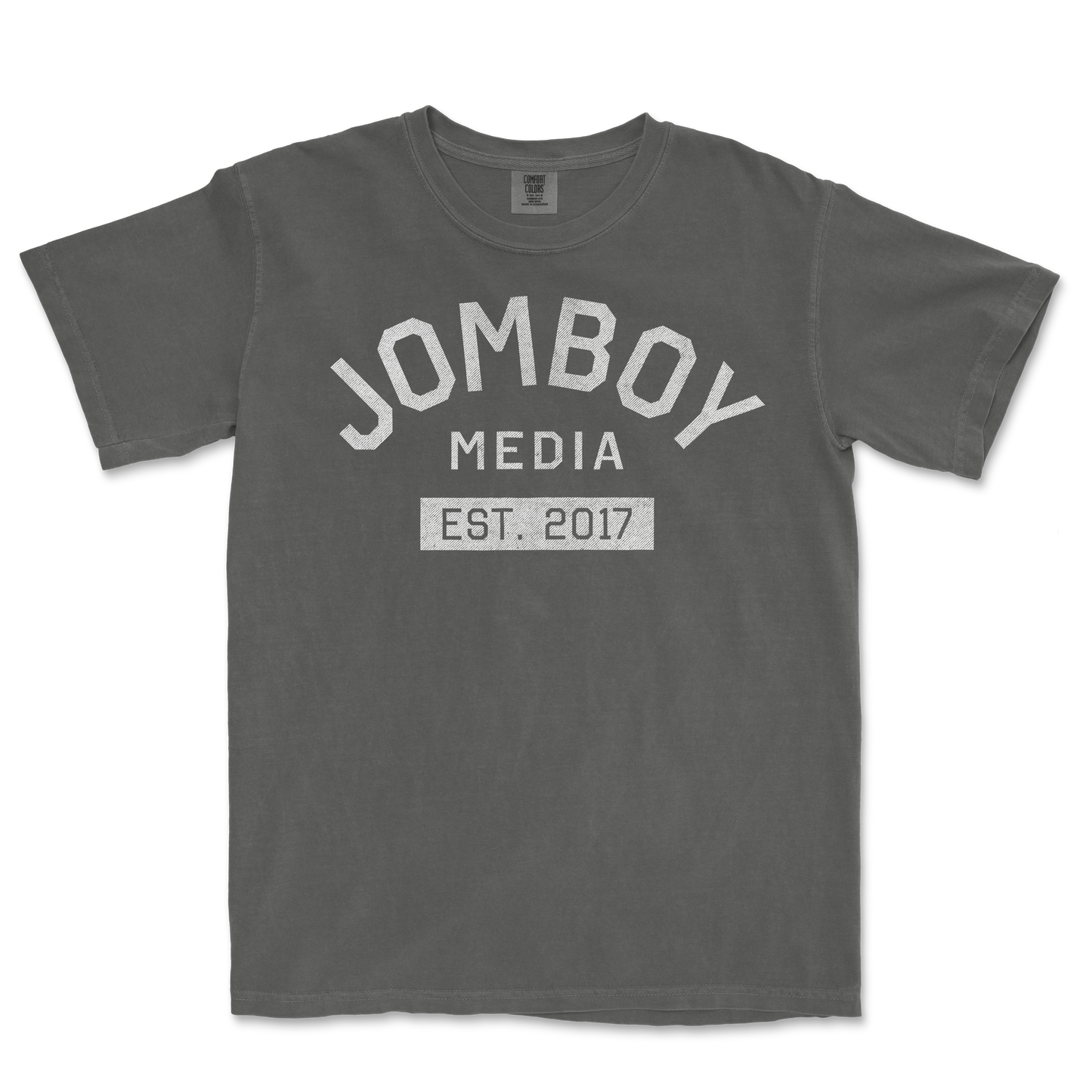 Gray Comfort Colors T-shirt featuring "Jomboy Media Est. 2017" printed in white on the front.