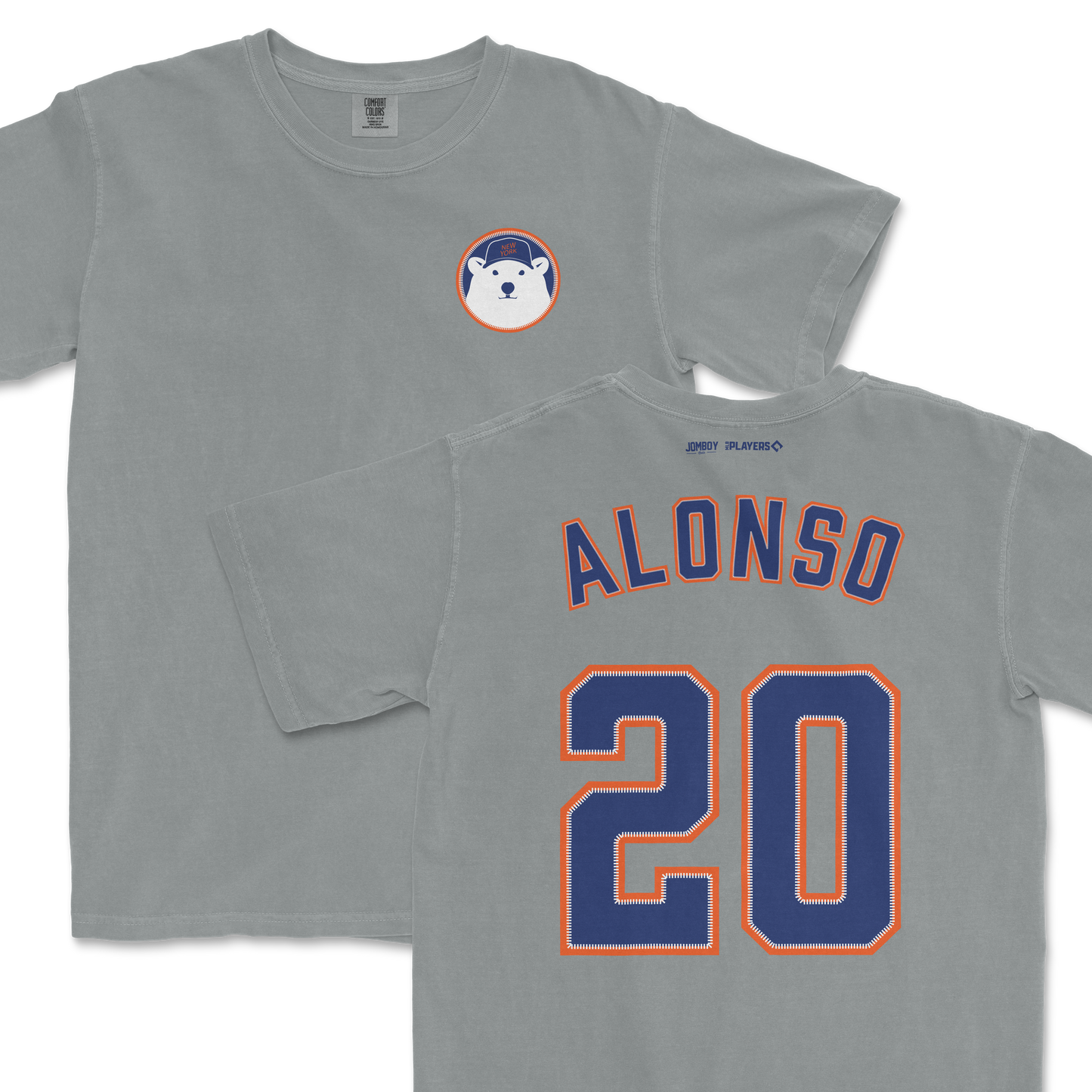 Gray T-shirt featuring a Polar Pete bear patch on the front and "ALONSO 20" sports jersey-style lettering on the back.