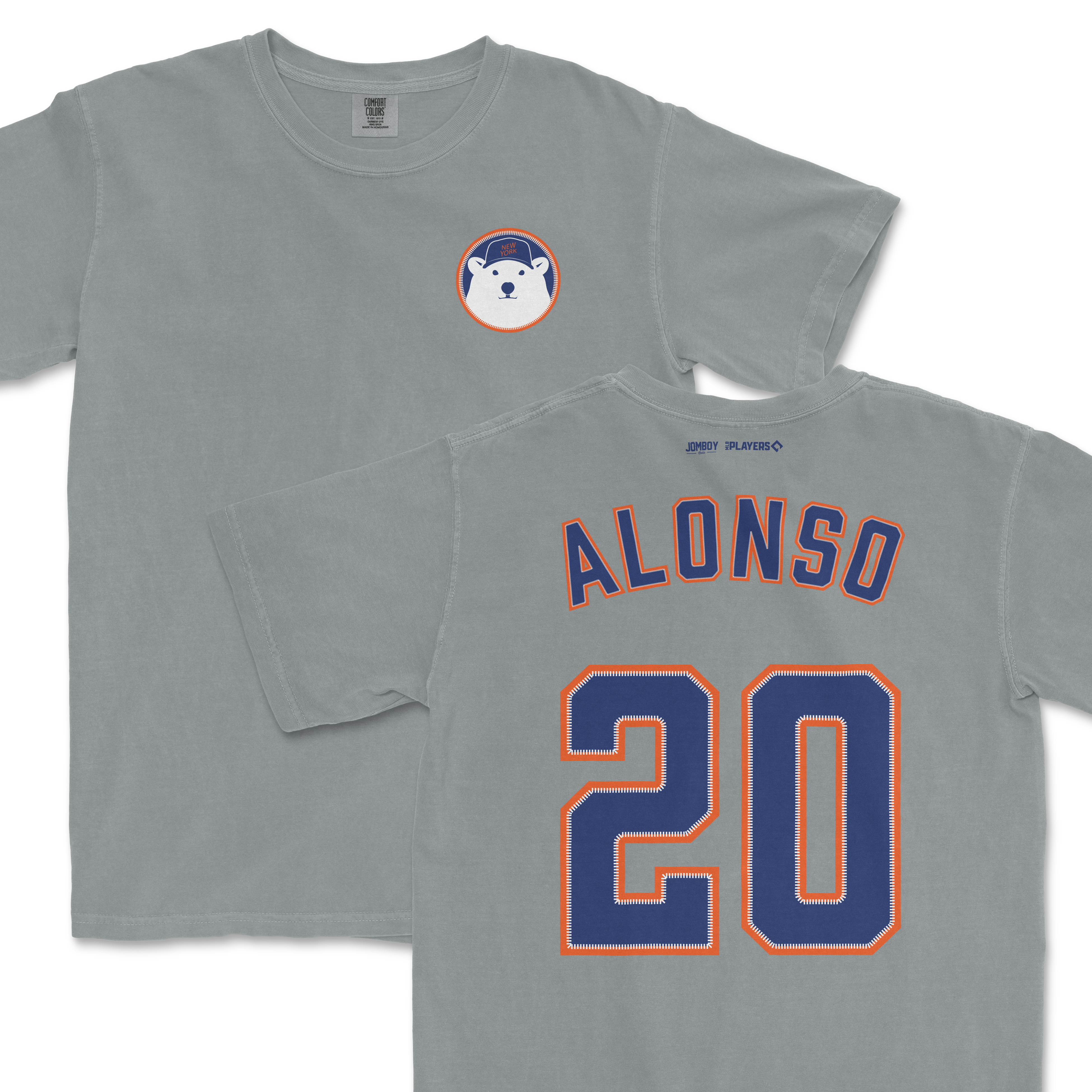 Gray T-shirt featuring a Polar Pete bear patch on the front and "ALONSO 20" sports jersey-style lettering on the back.