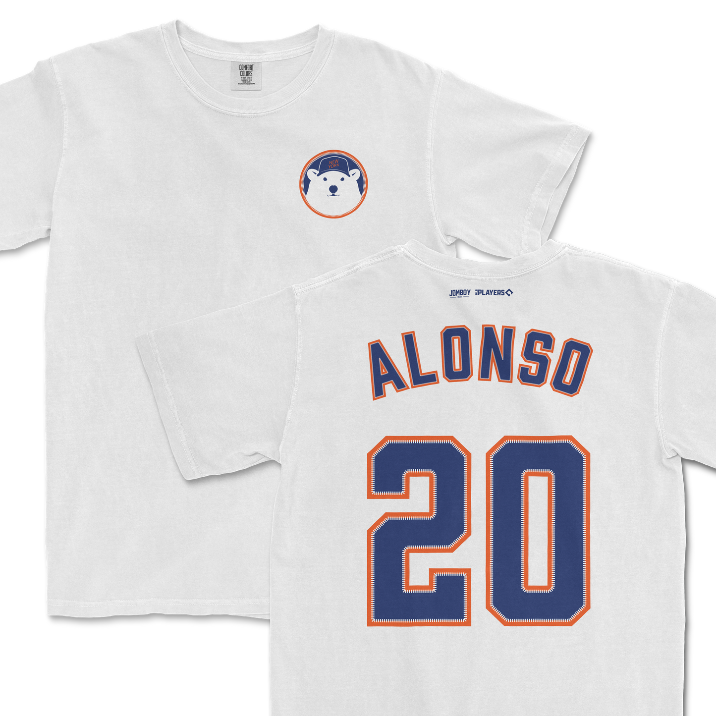 White T-shirt featuring a Polar Pete bear patch on the front and "ALONSO 20" in blue and orange on the back.