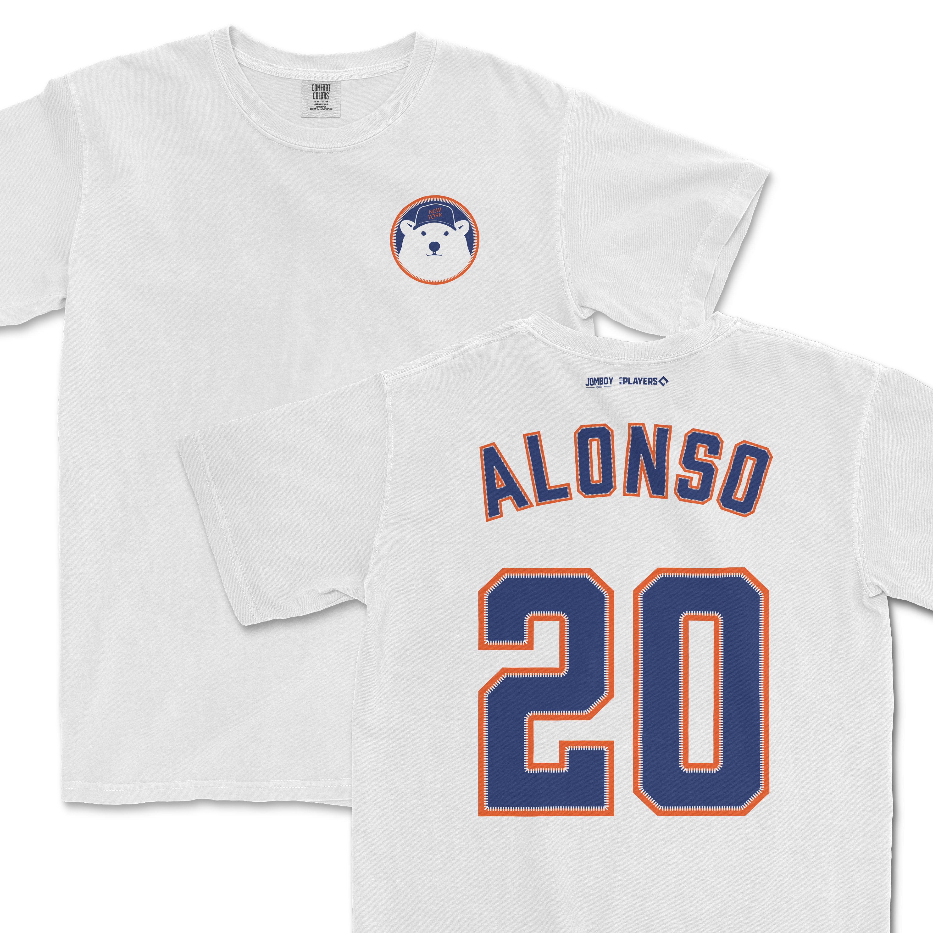 White T-shirt featuring a Polar Pete bear patch on the front and "ALONSO 20" in blue and orange on the back.