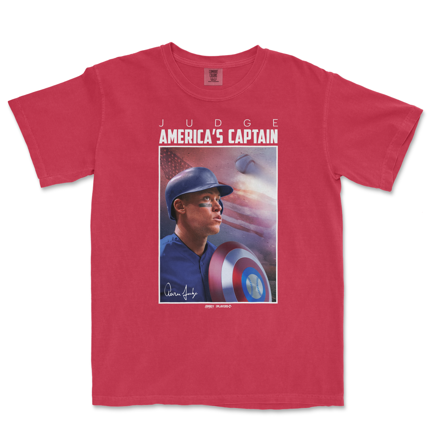 Red Comfort Colors T-shirt featuring an image of Aaron Judge in a baseball helmet, with "America's Captain" and Judge's signature.