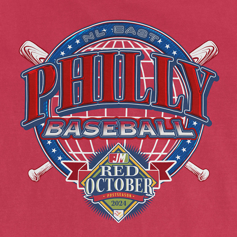 Red October baseball logo featuring a globe, crossed bats, and bold text for Phillies' postseason 2024.