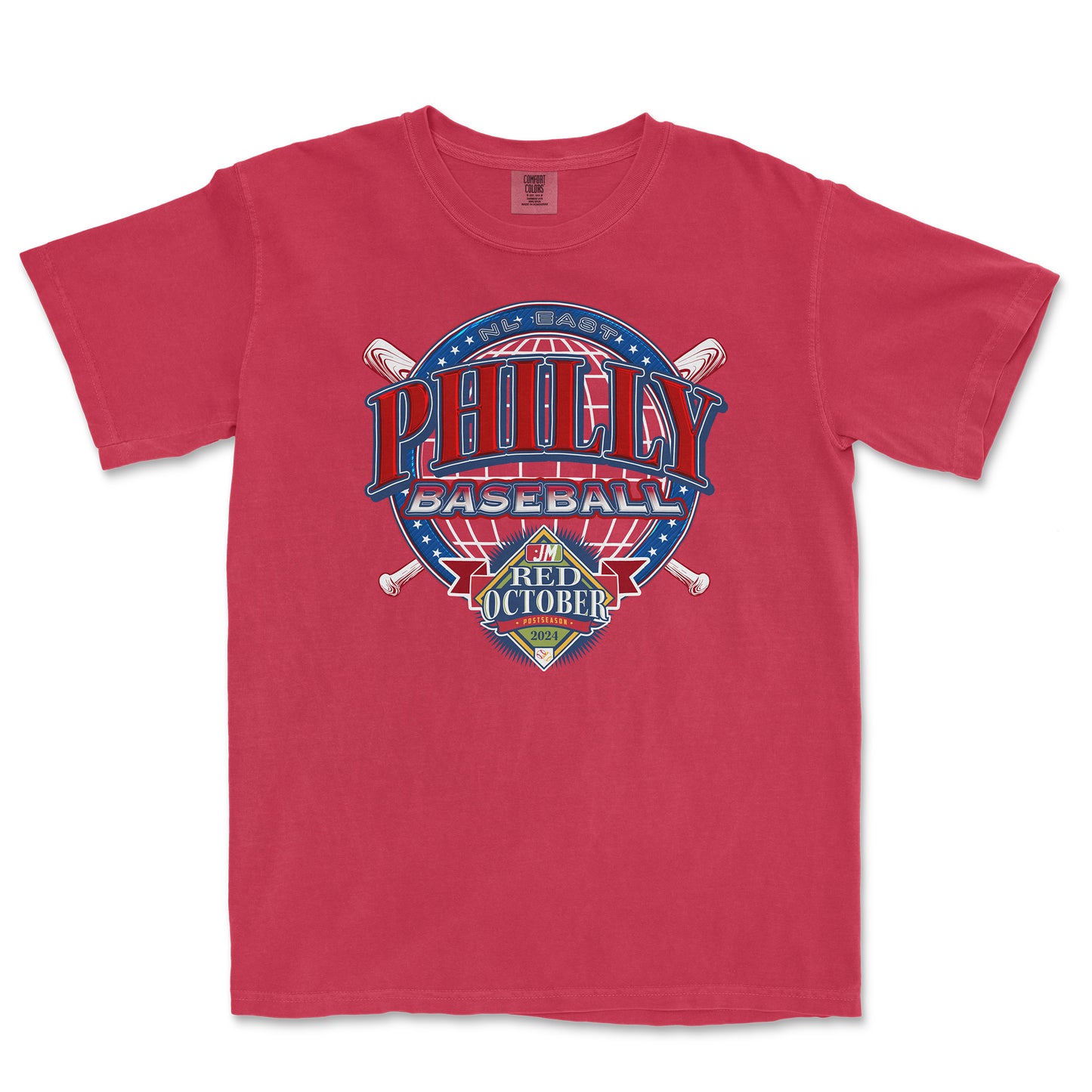 Red T-shirt featuring a graphic design with "Philly Baseball" and "Red October 2024" text, baseball bats, and a globe motif.