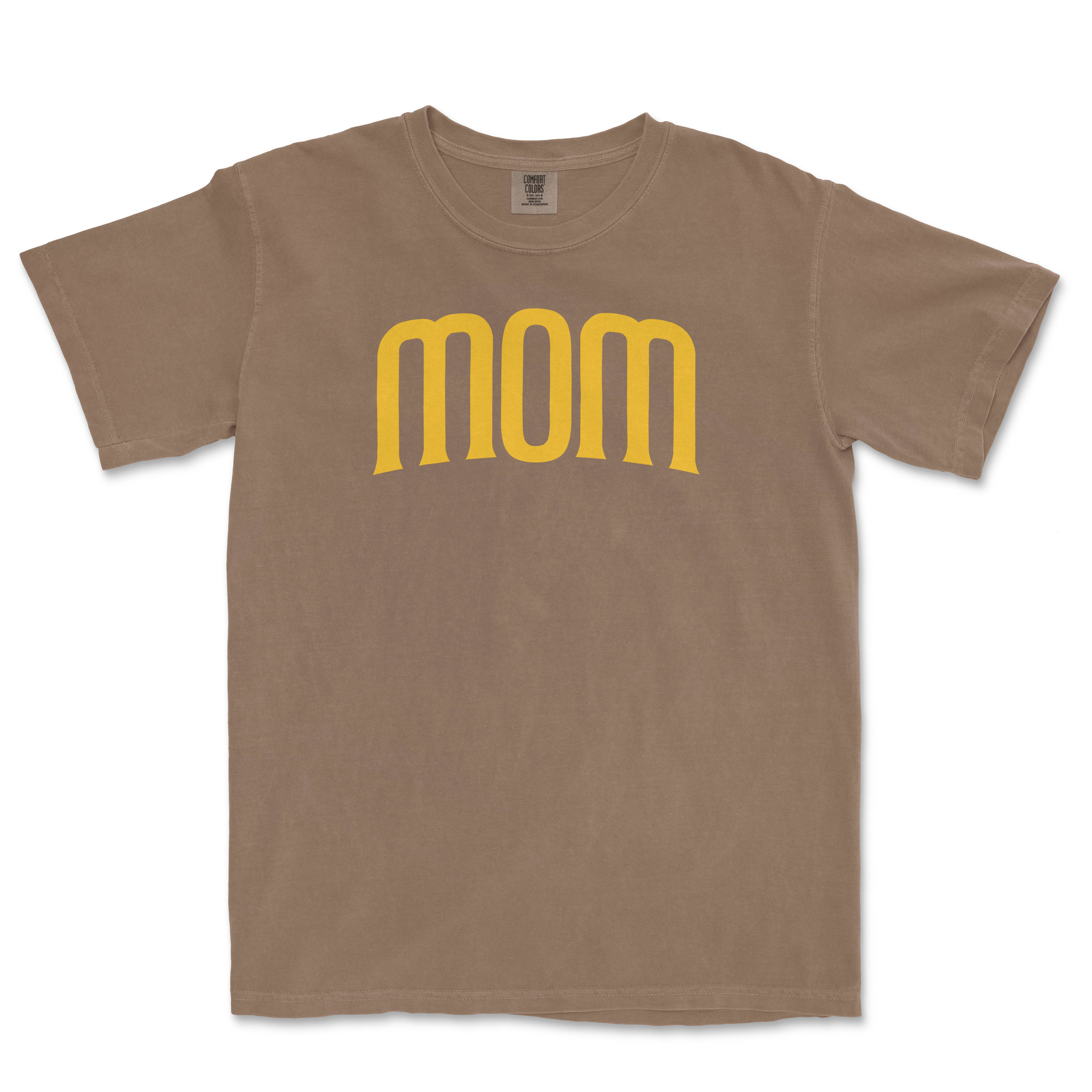 Beige T-shirt with the word "mom" in large, yellow, stylized font across the front, celebrating a San Diego baseball mom.