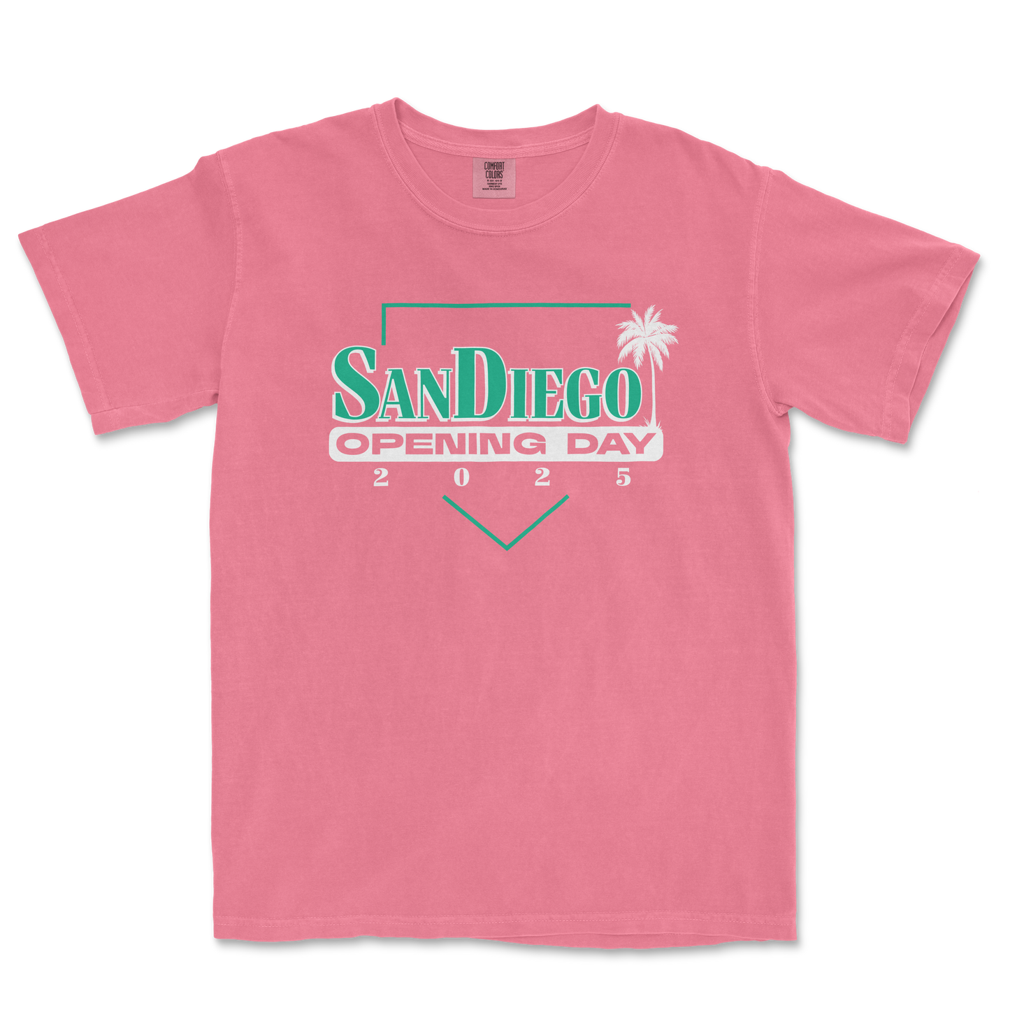 Pink T-shirt with "San Diego Opening Day 2025" text, a palm tree graphic, and a geometric design for the 2025 event.