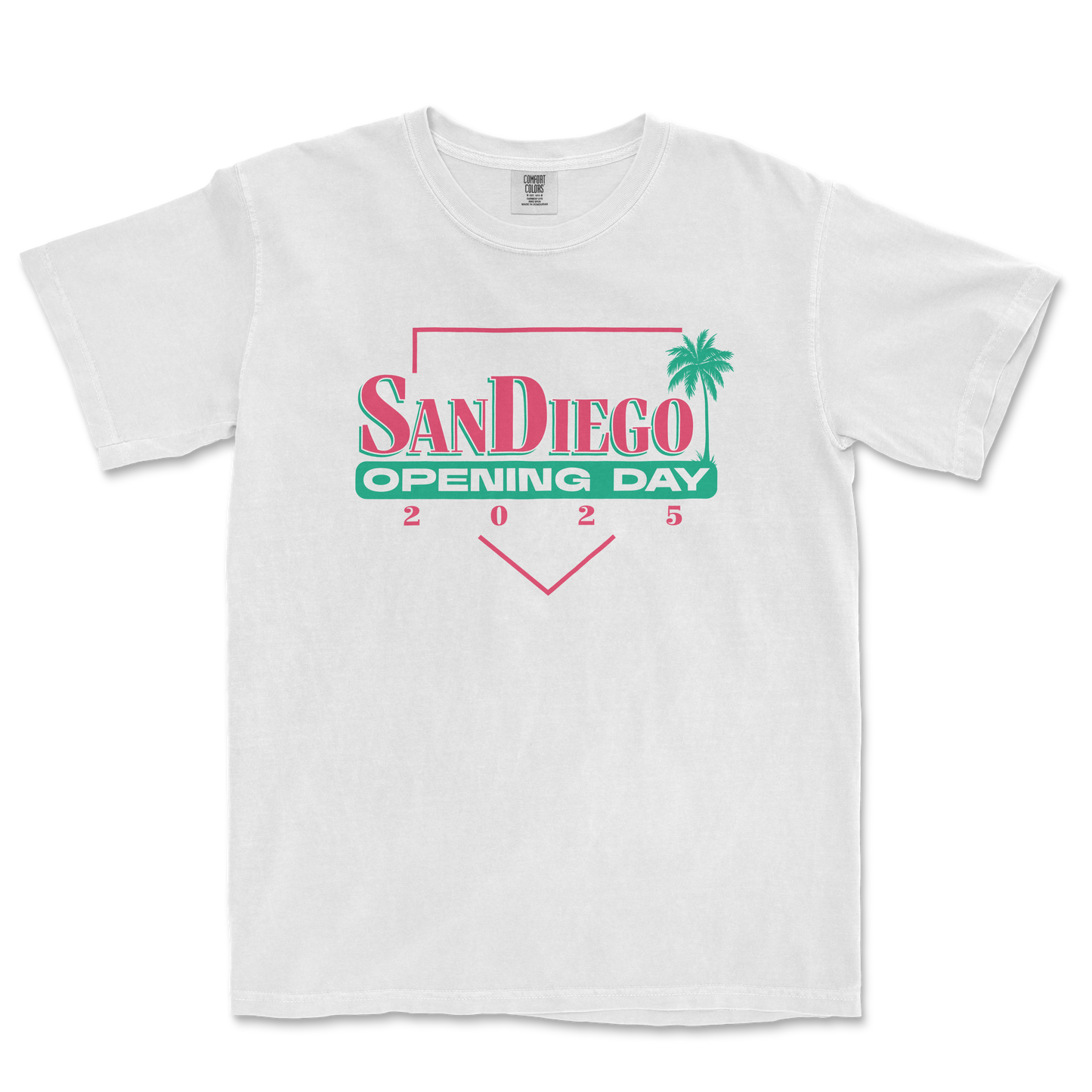 White T-shirt with pink and teal "San Diego Opening Day 2025" graphic, featuring a palm tree and geometric design.