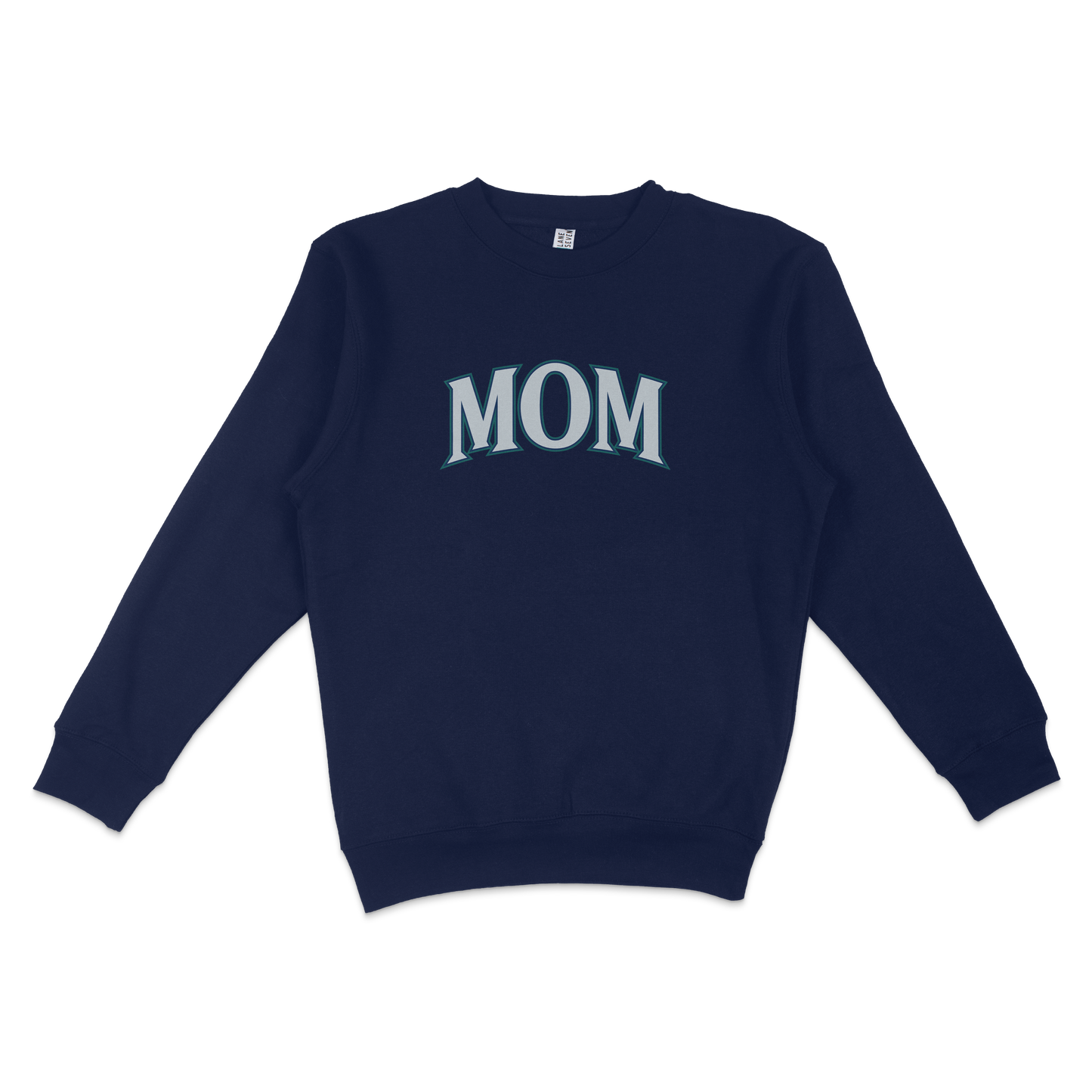 Navy blue crewneck sweatshirt with "MOM" printed in large, bold, light blue letters on the front, designed for Seattle baseball moms.