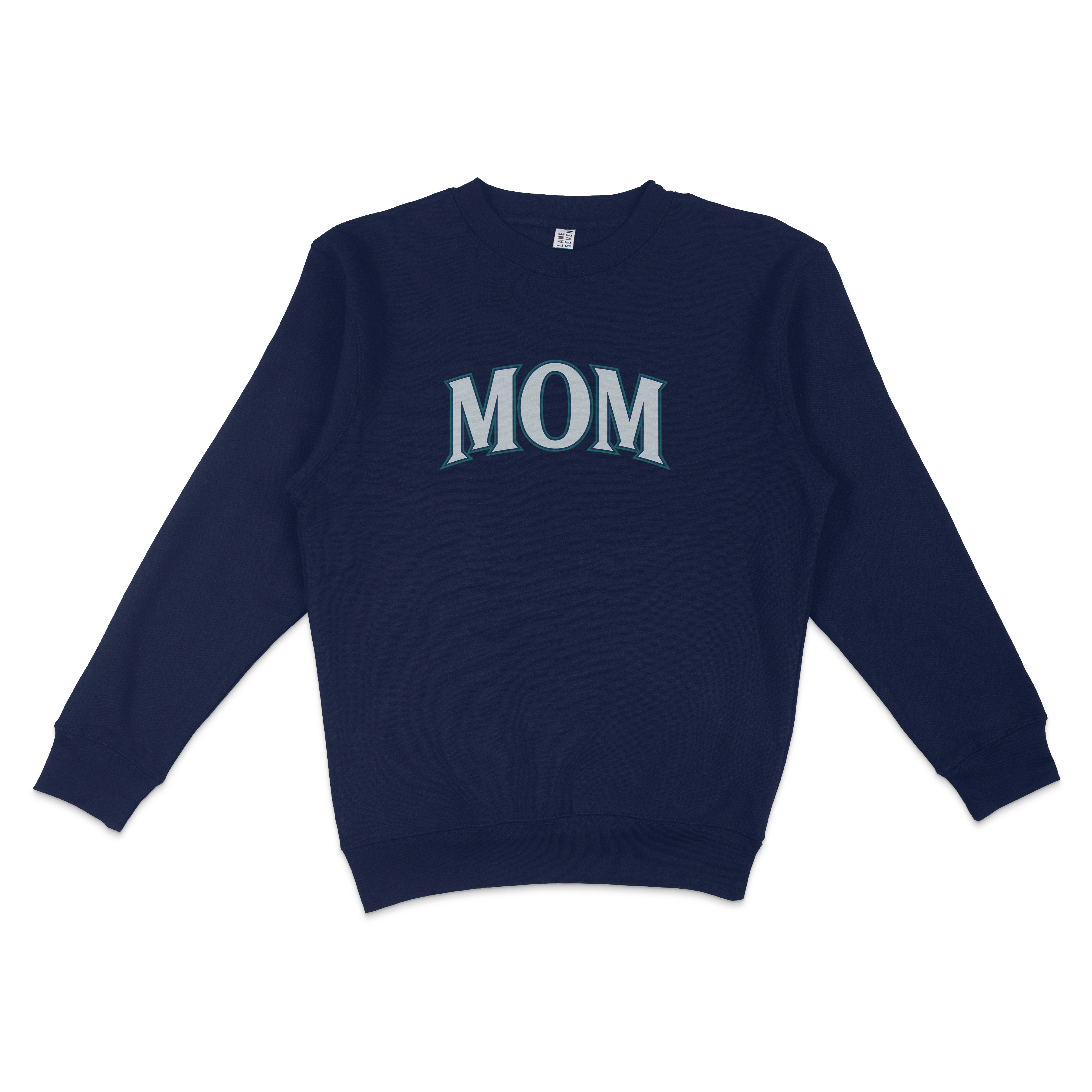 Navy blue crewneck sweatshirt with "MOM" printed in large, bold, light blue letters on the front, designed for Seattle baseball moms.