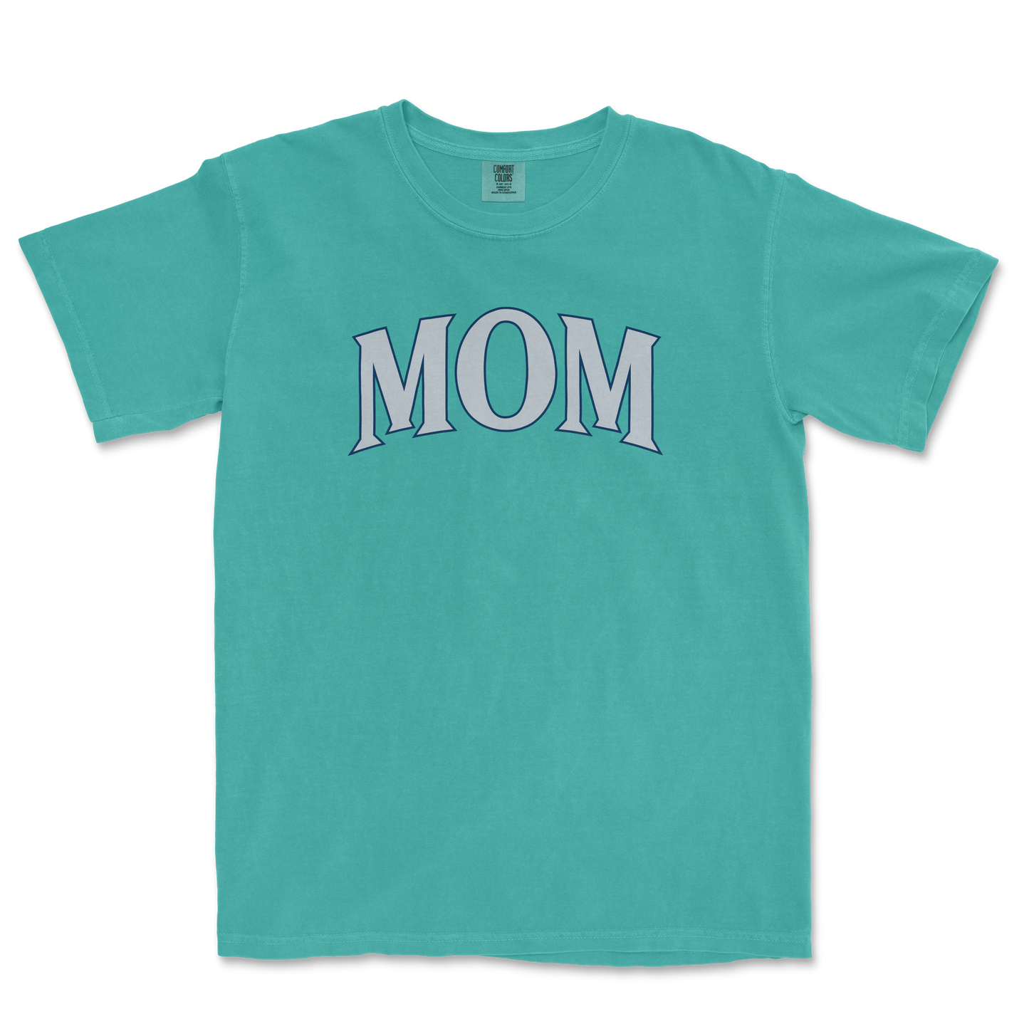 A turquoise T-shirt with the word "MOM" printed in large, stylized letters across the front.