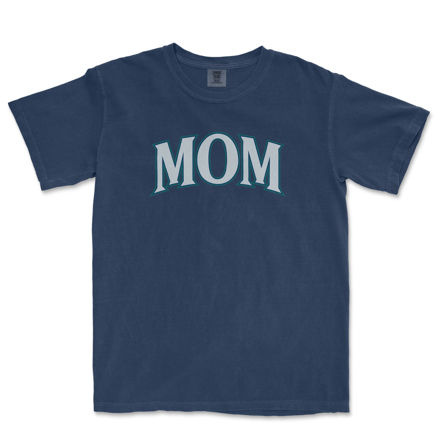 Blue T-shirt with "MOM" printed in large, stylized gray letters outlined in teal, perfect for a Seattle baseball mom.