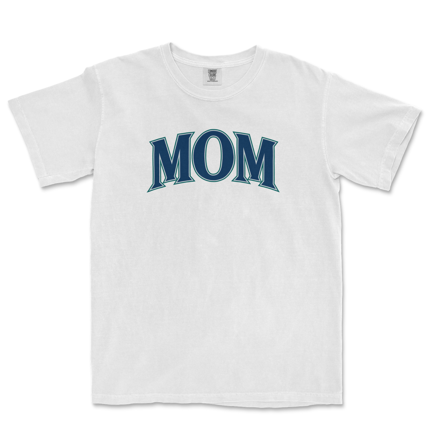 White T-shirt with "MOM" printed in bold, stylized blue letters across the chest, representing a Seattle baseball mom.