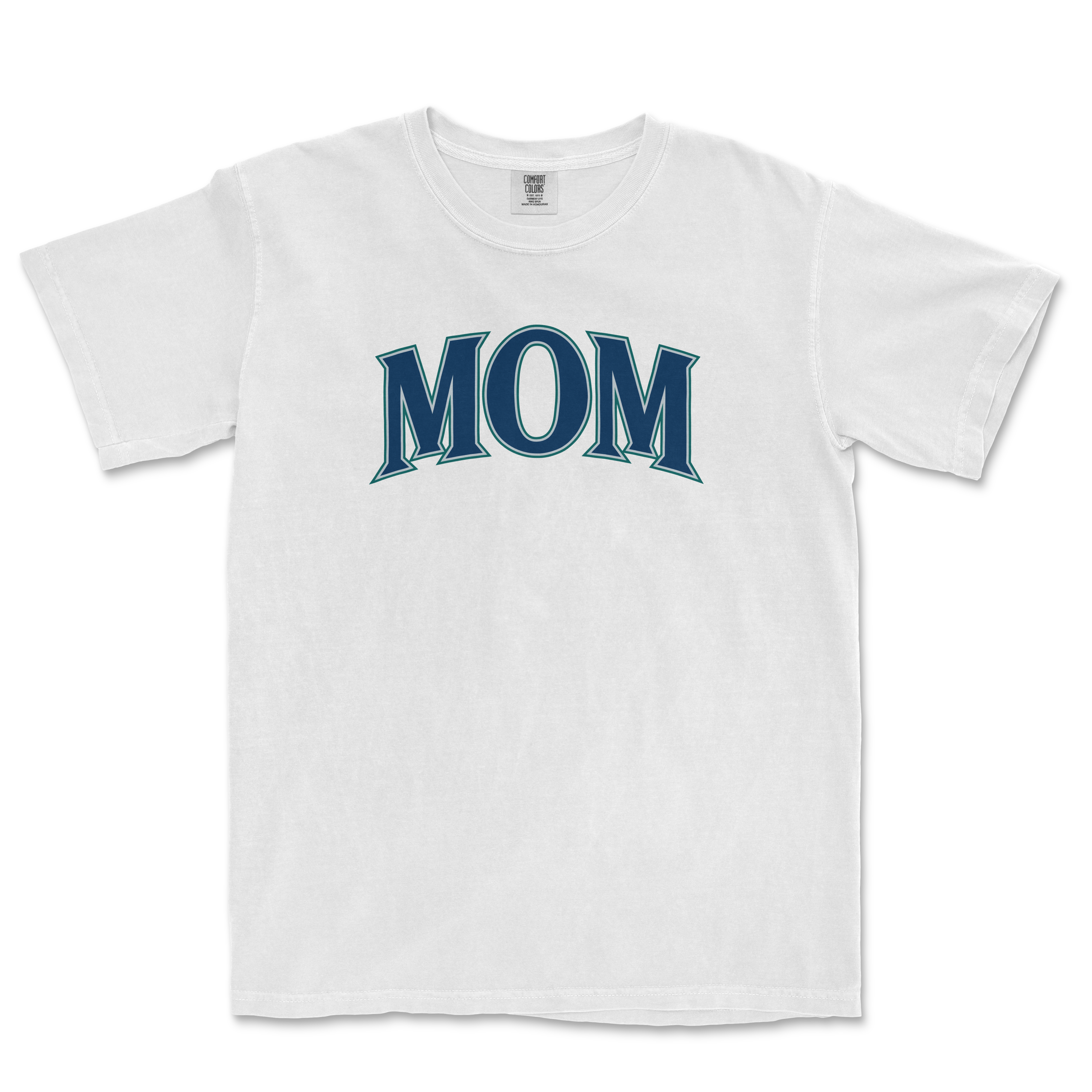 White T-shirt with "MOM" printed in bold, stylized blue letters across the chest, representing a Seattle baseball mom.
