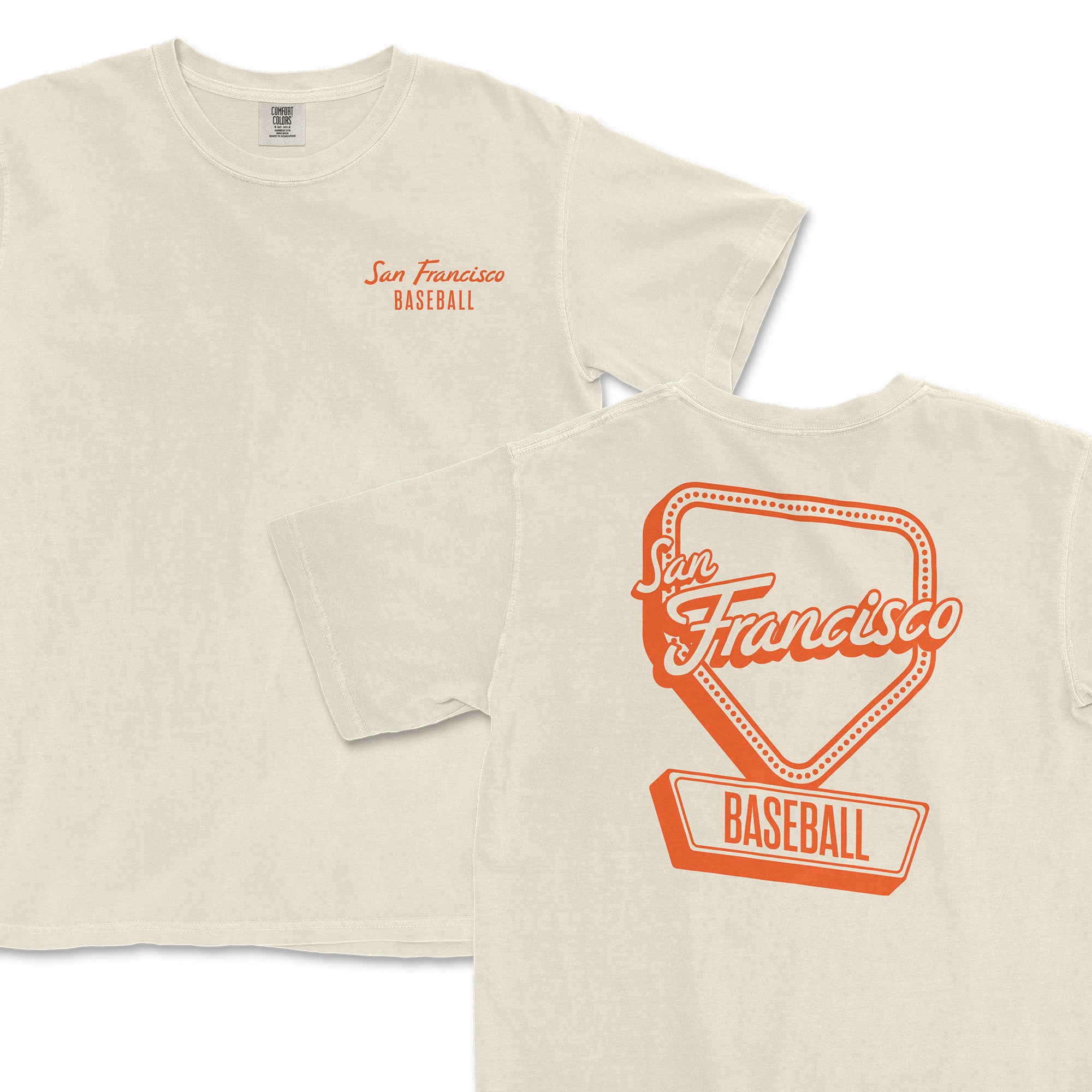 Cream-colored t-shirt featuring "San Francisco Baseball" text on the front and a diamond-shaped graphic on the back.