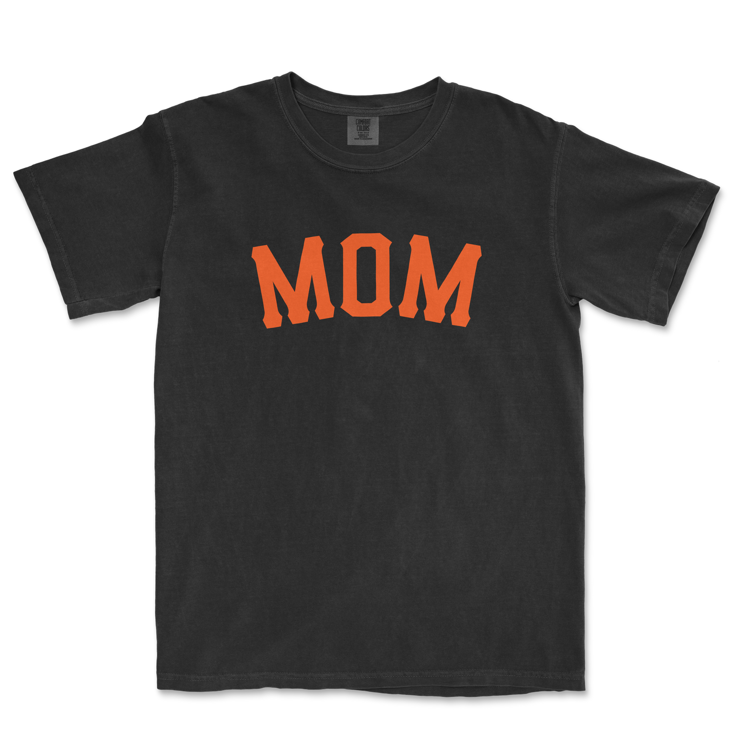 Black T-shirt with "MOM" in bold orange letters across the front, designed for a San Francisco baseball mom.