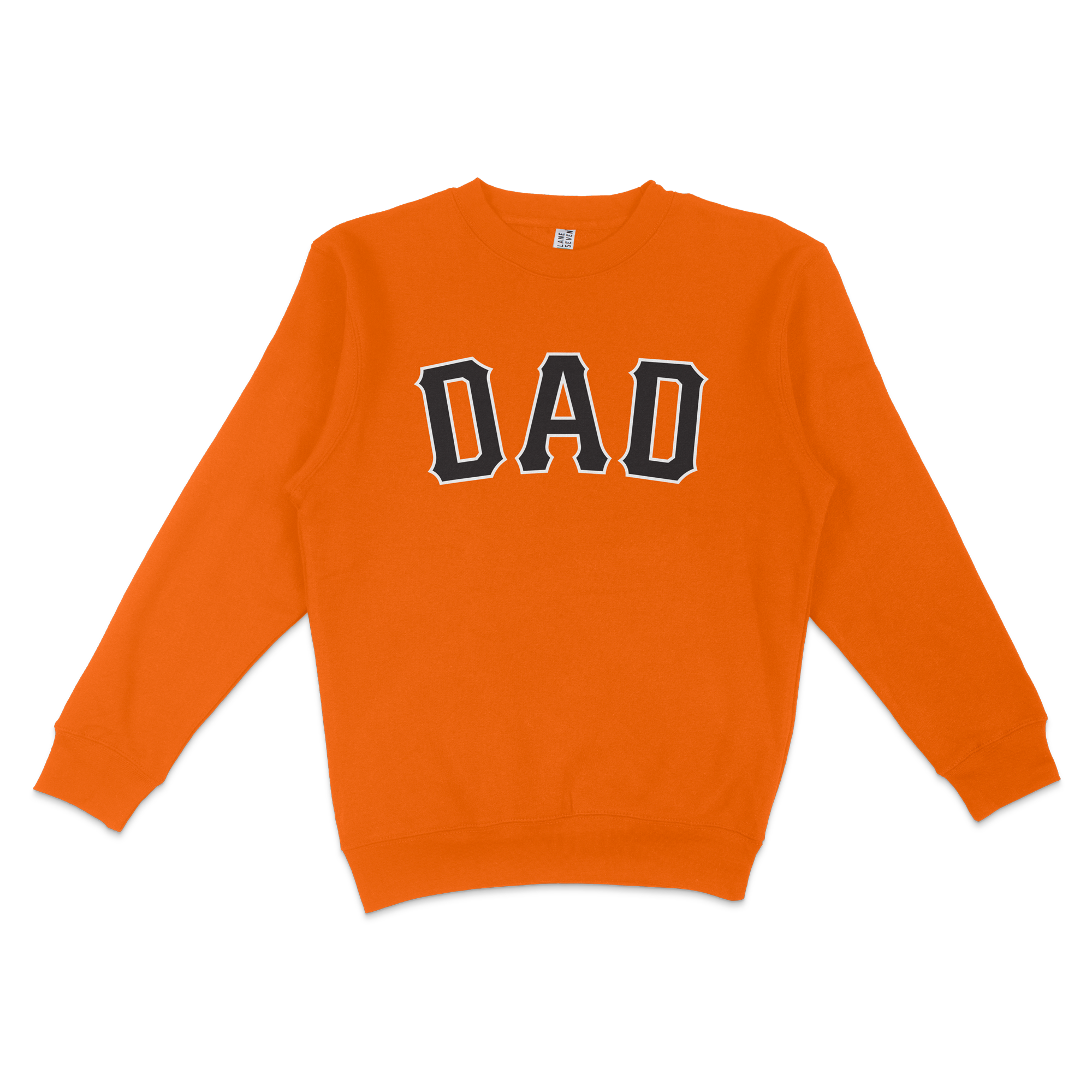 Orange crewneck sweatshirt with "DAD" in bold black and white letters on the front, perfect for San Francisco baseball dads.