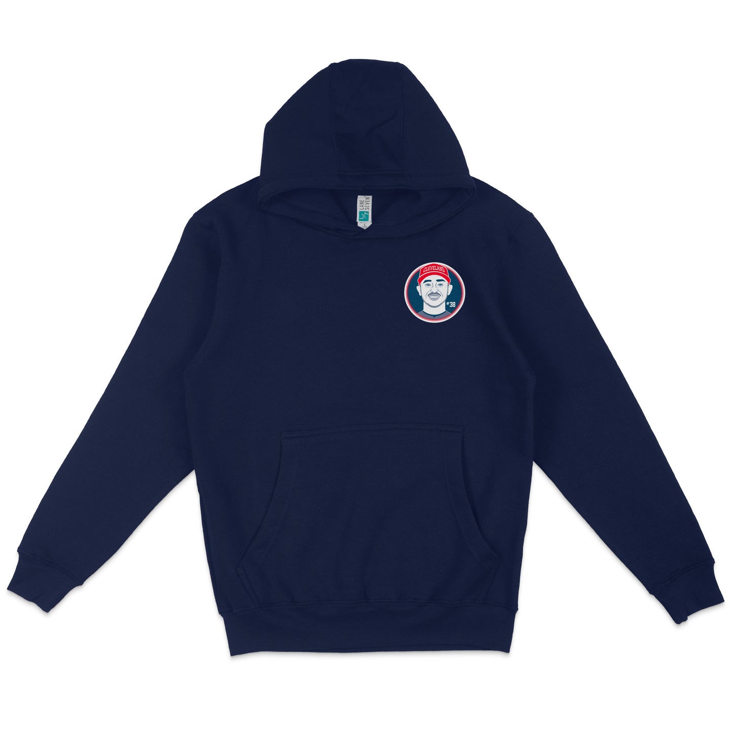 Navy blue pullover fleece hoodie featuring a Cleveland Cavaliers logo patch on the chest and a front kangaroo pocket.