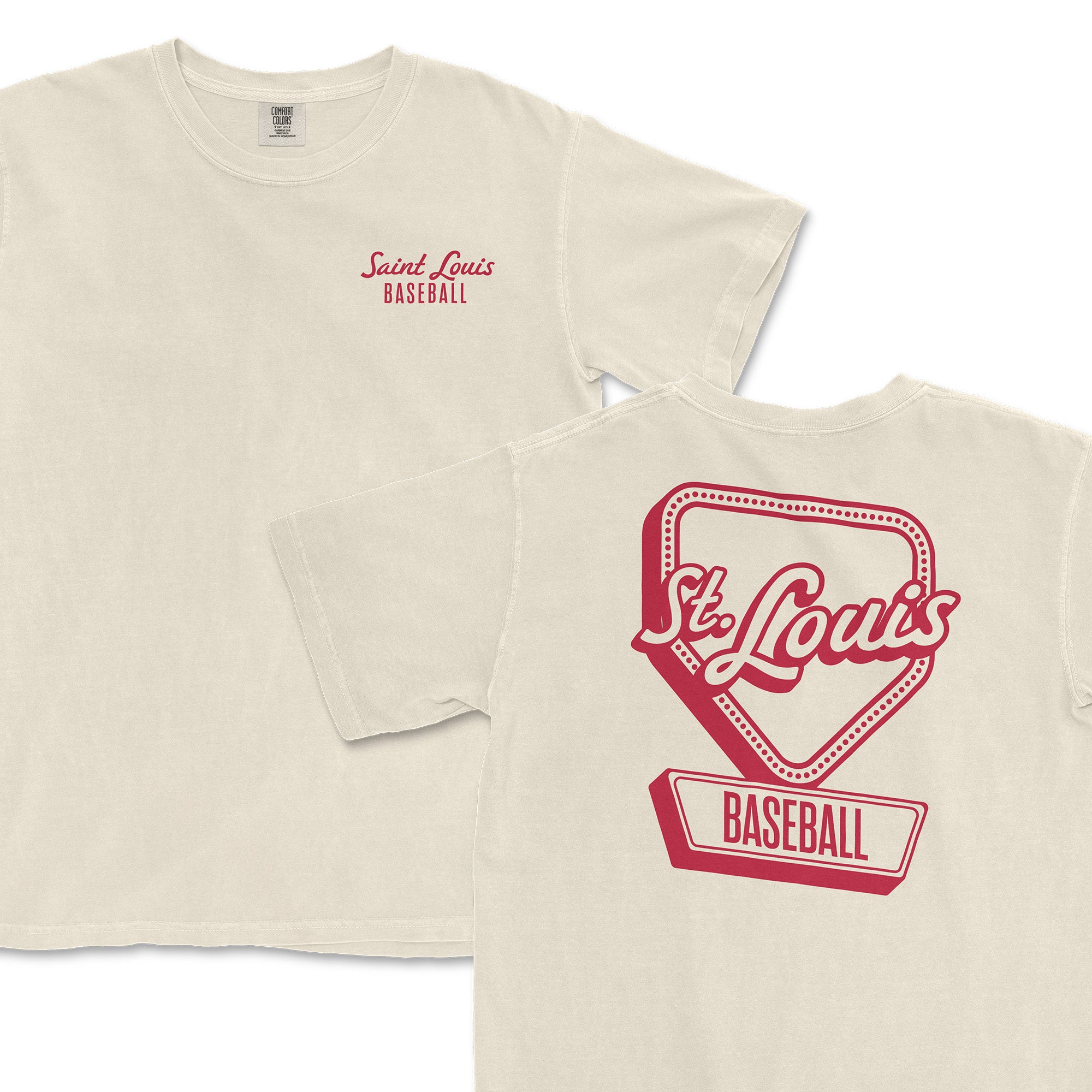 Cream-colored t-shirt featuring "St. Louis Baseball" in red on the front and back, showcasing a vintage design.