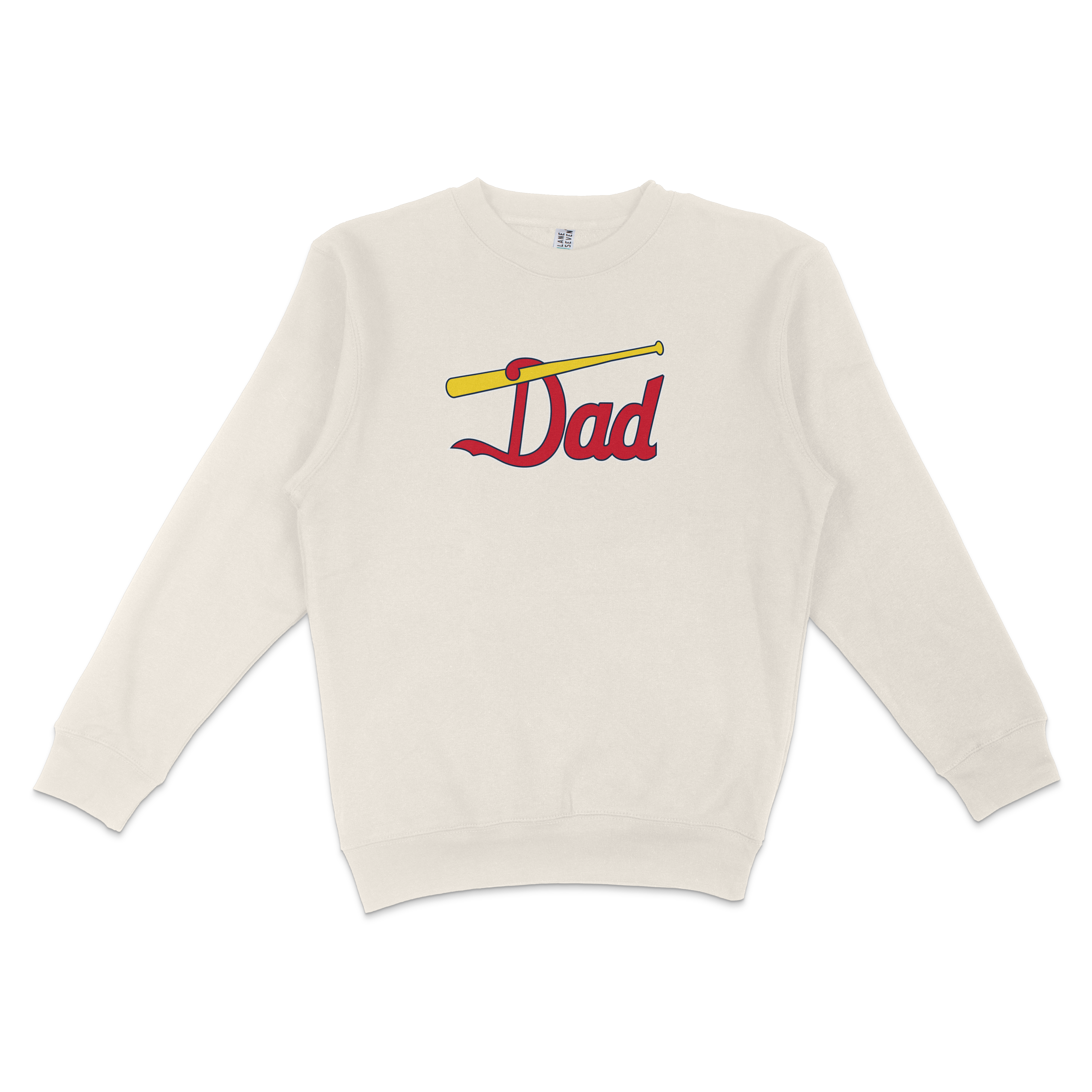 Cream sweatshirt featuring "Dad" in red script with a yellow baseball bat, perfect for St. Louis baseball fans.