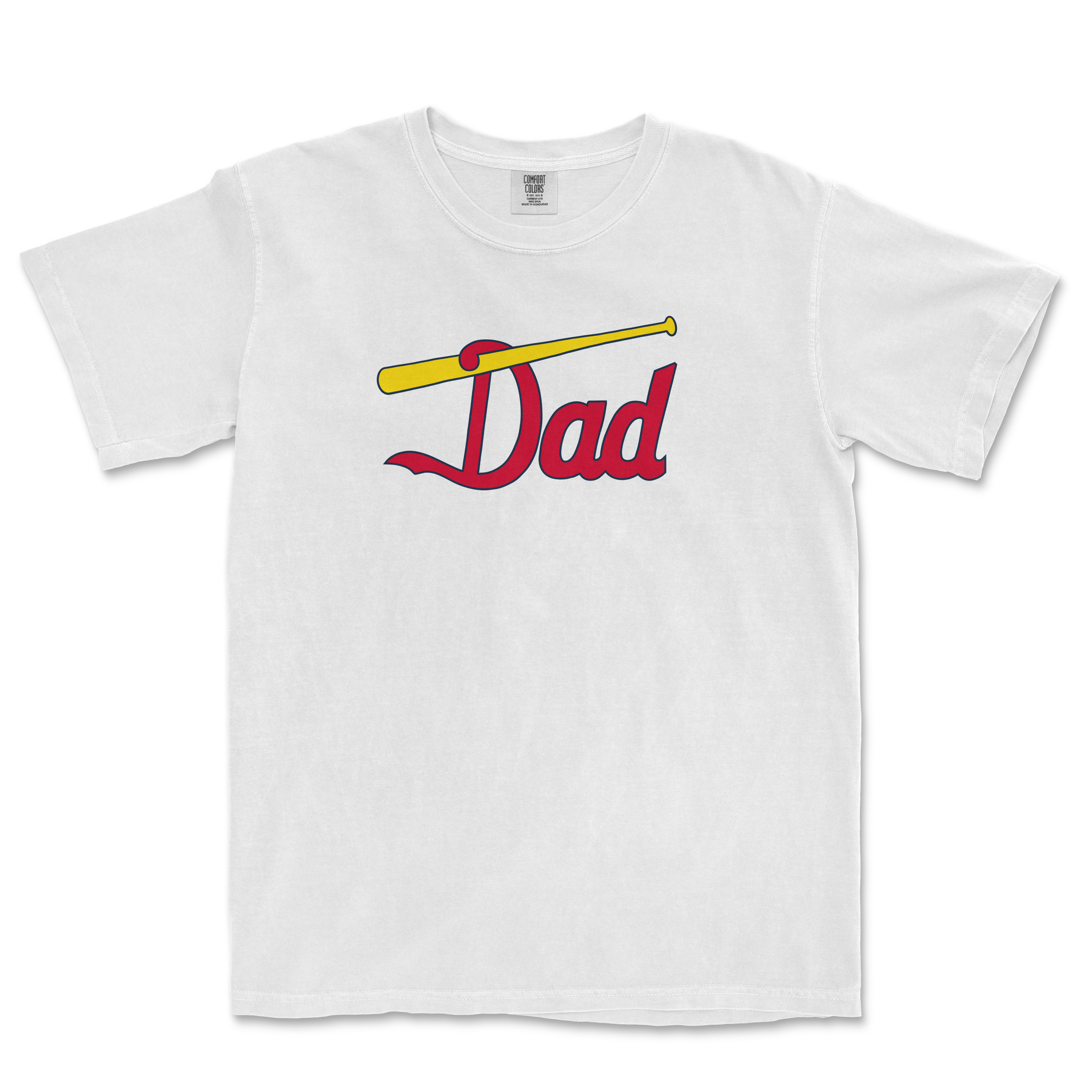 White t-shirt featuring "Dad" in red script with a yellow baseball bat, perfect for St. Louis baseball fans.