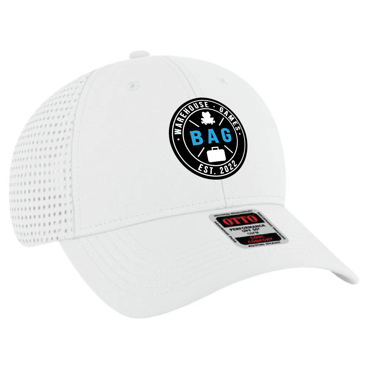 White low-profile baseball cap featuring a circular patch with "Warehouse Games," "BAG," and "Est. 2022" logo design.