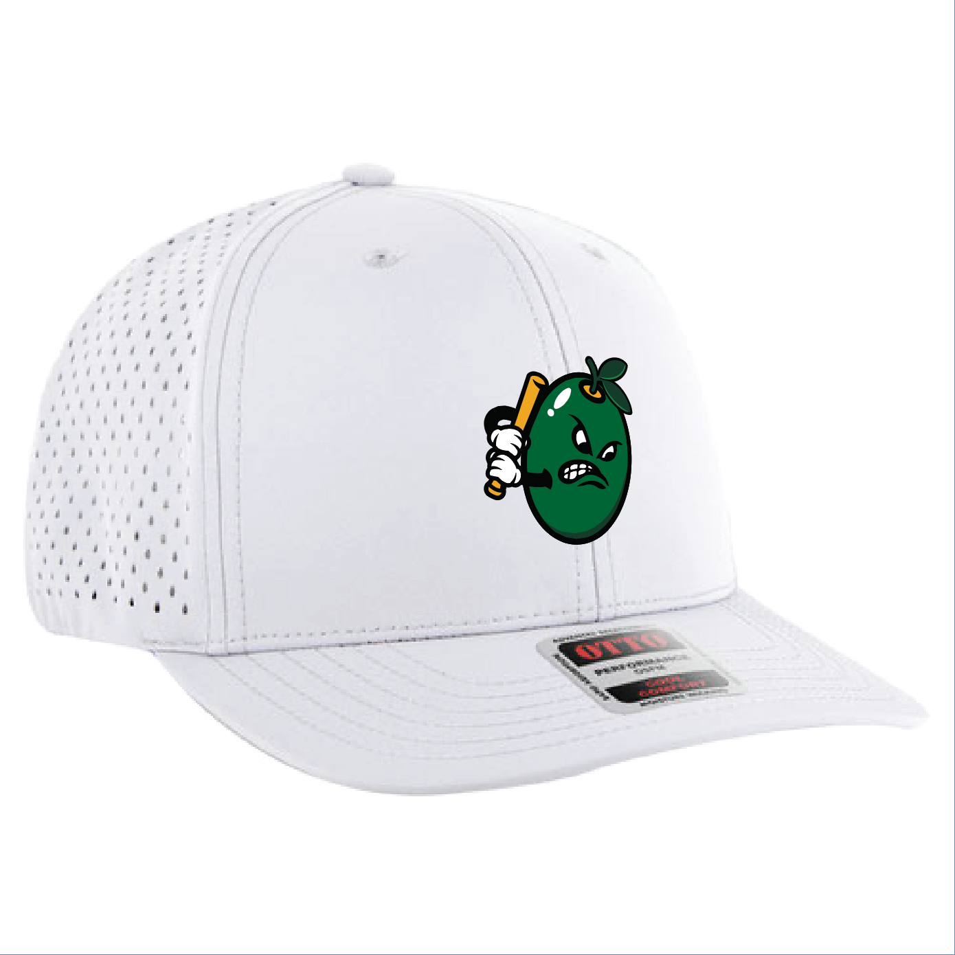 White six-panel mesh hat featuring a cartoon olive with an angry expression, holding a baseball bat.