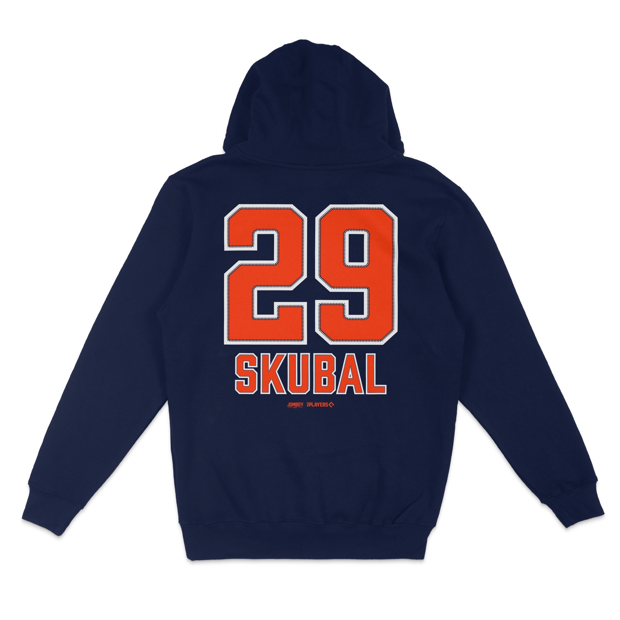 Navy blue pullover fleece hoodie featuring the number 29 and "Skubal" in bold orange and white lettering on the back.