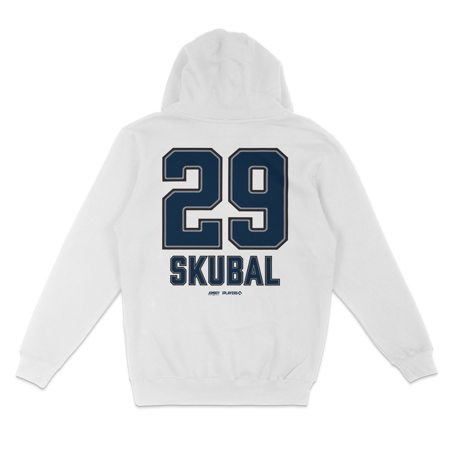 White pullover fleece hoodie featuring the number 29, "Skubal" name, and team logos on the back.