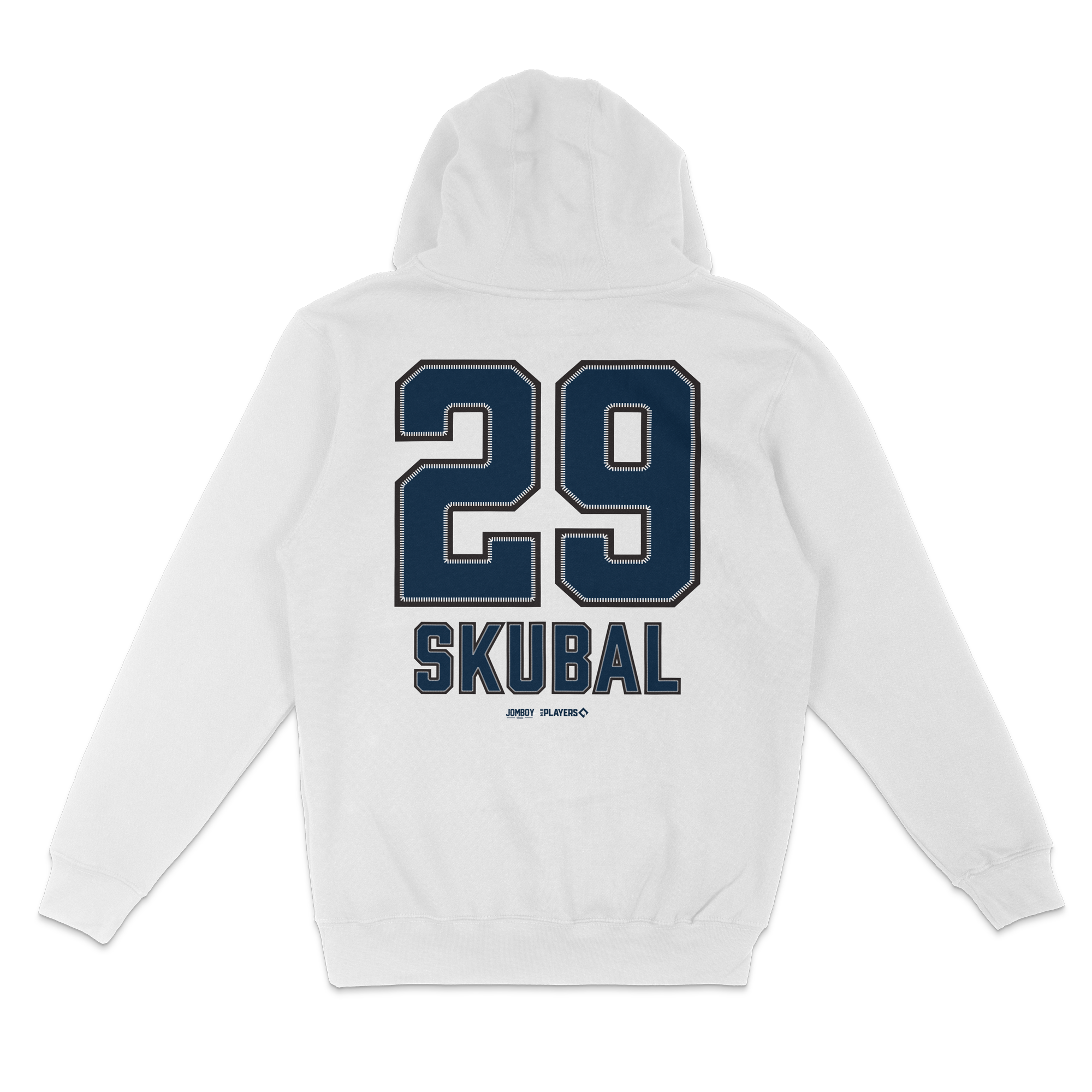 White pullover fleece hoodie featuring the number 29, "Skubal" name, and team logos on the back.