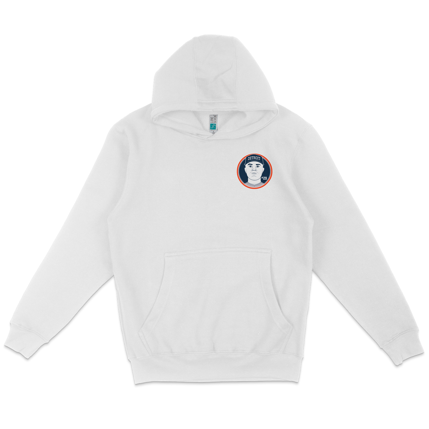 White pullover fleece hoodie featuring a Detroit-themed circular patch with a graphic of a person's face and the number 29.