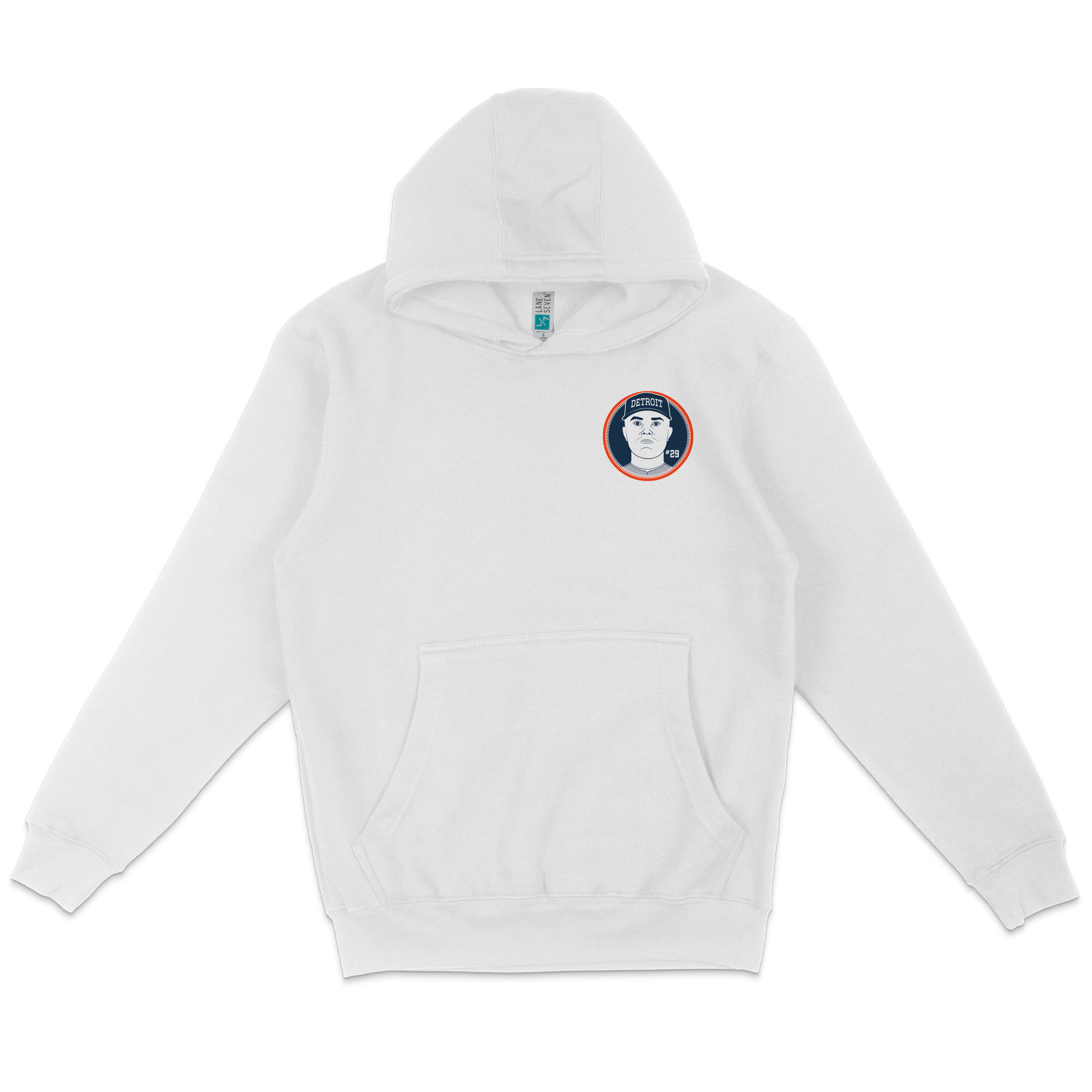 White pullover fleece hoodie featuring a Detroit-themed circular patch with a graphic of a person's face and the number 29.