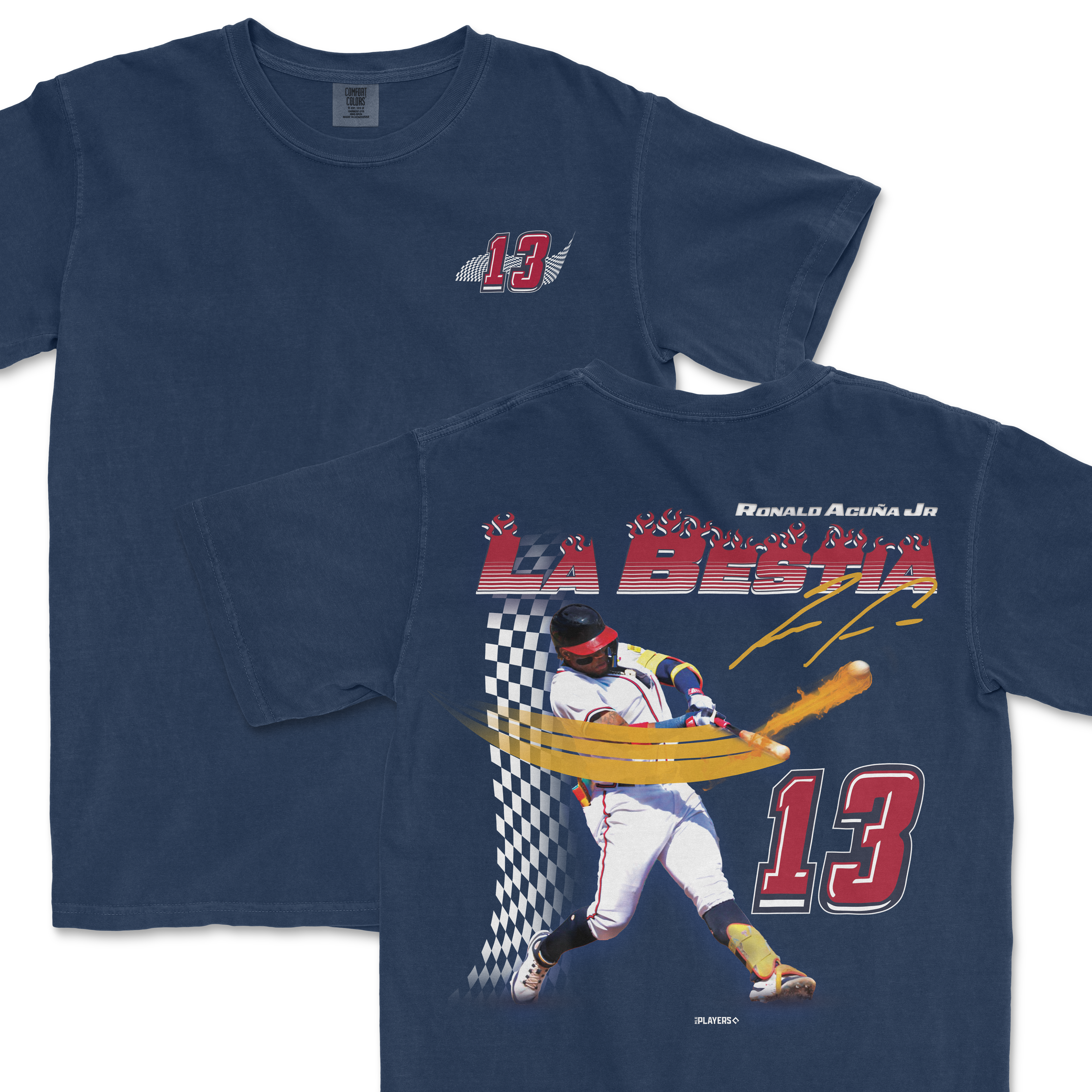 Navy t-shirt featuring Ronald Acuña Jr. graphic with "La Bestia" text and checkered pattern, showcasing his iconic swing.