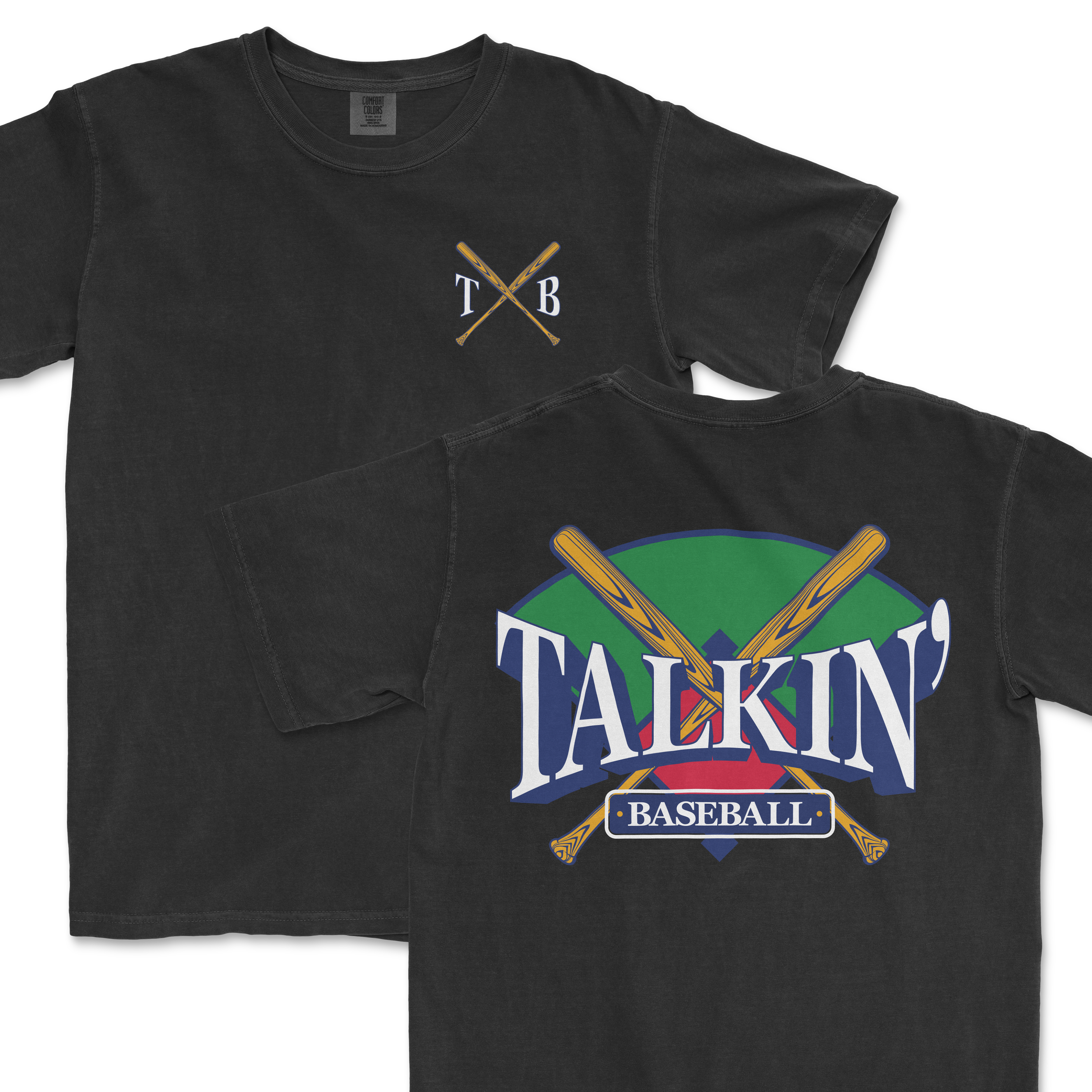 Black Comfort Colors t-shirt featuring the 'Talkin' Baseball' graphic with crossed baseball bats on the back and a subtle 'TXB' logo on the front chest.