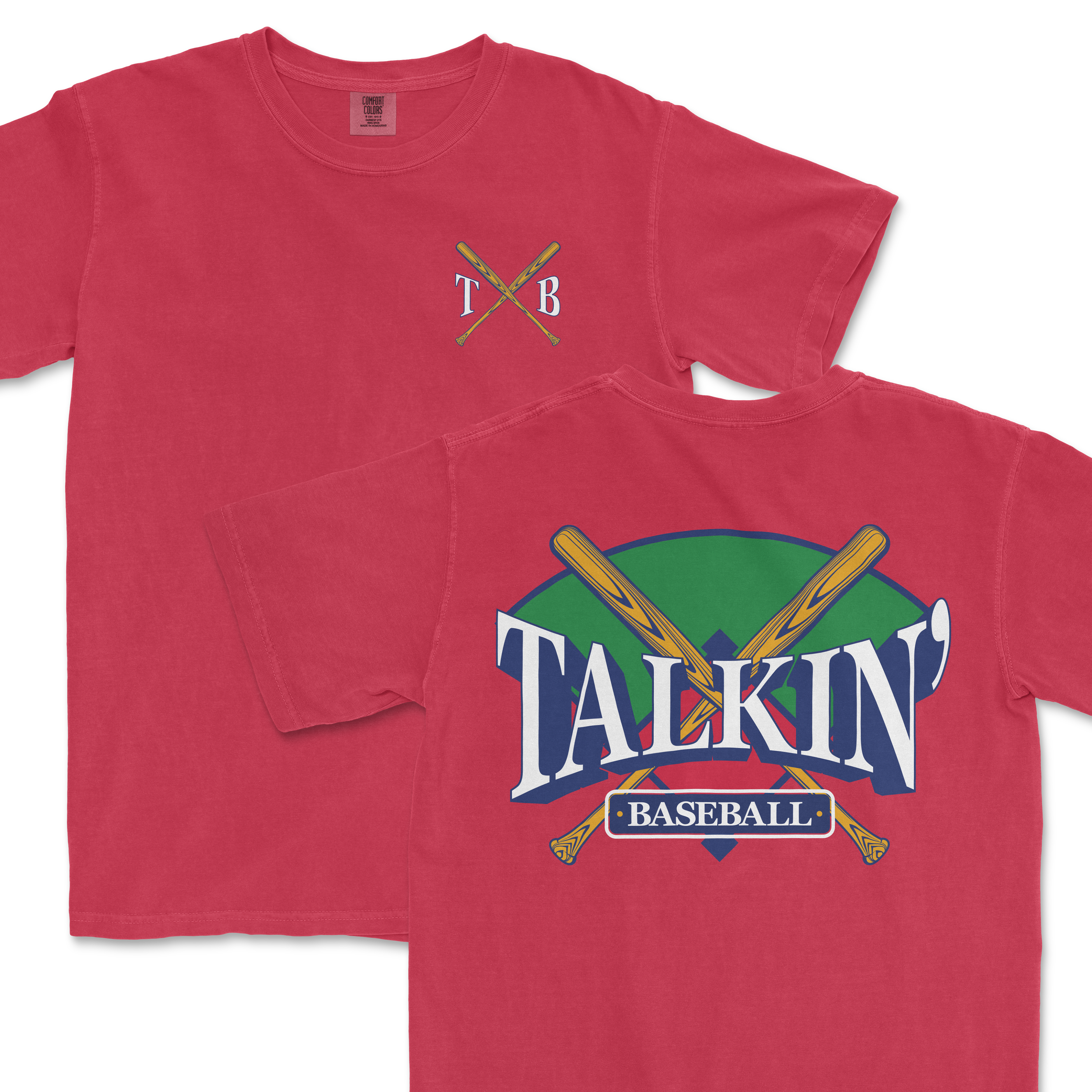 Red Comfort Colors t-shirt featuring a 'Talkin' Baseball' graphic with crossed bats and a colorful backdrop, and a small 'TXB' logo on the chest.
