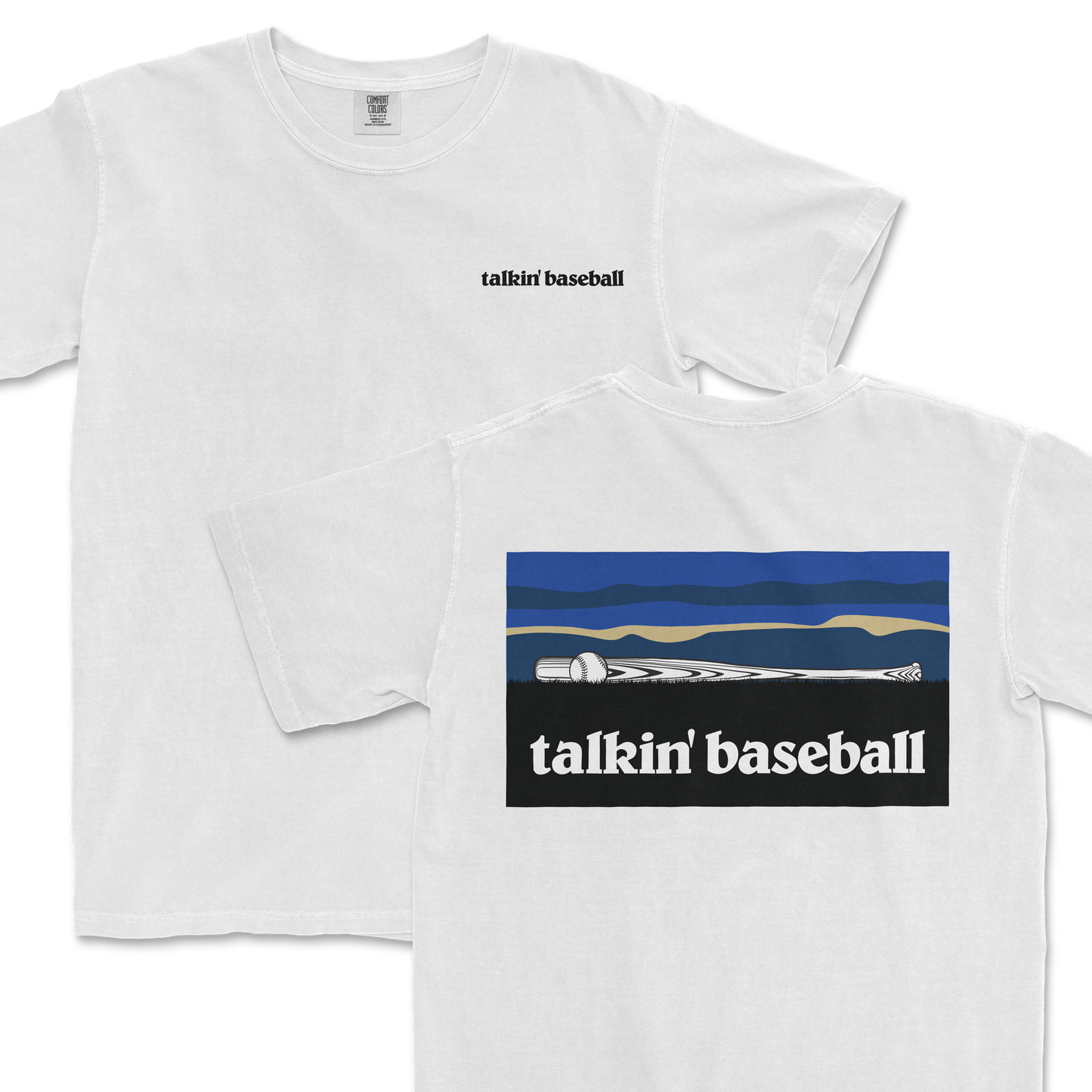 White T-shirt with "talkin' baseball" text on the front and a graphic of a baseball bat and ball on the back, outdoors theme.