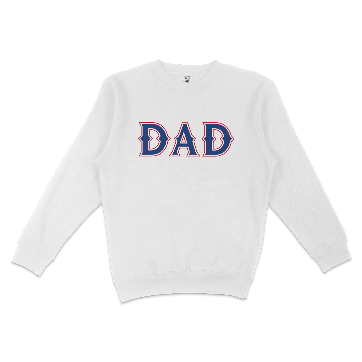 White crewneck sweatshirt with "DAD" in bold navy and red outlined letters, perfect for Texas baseball dad supporters.